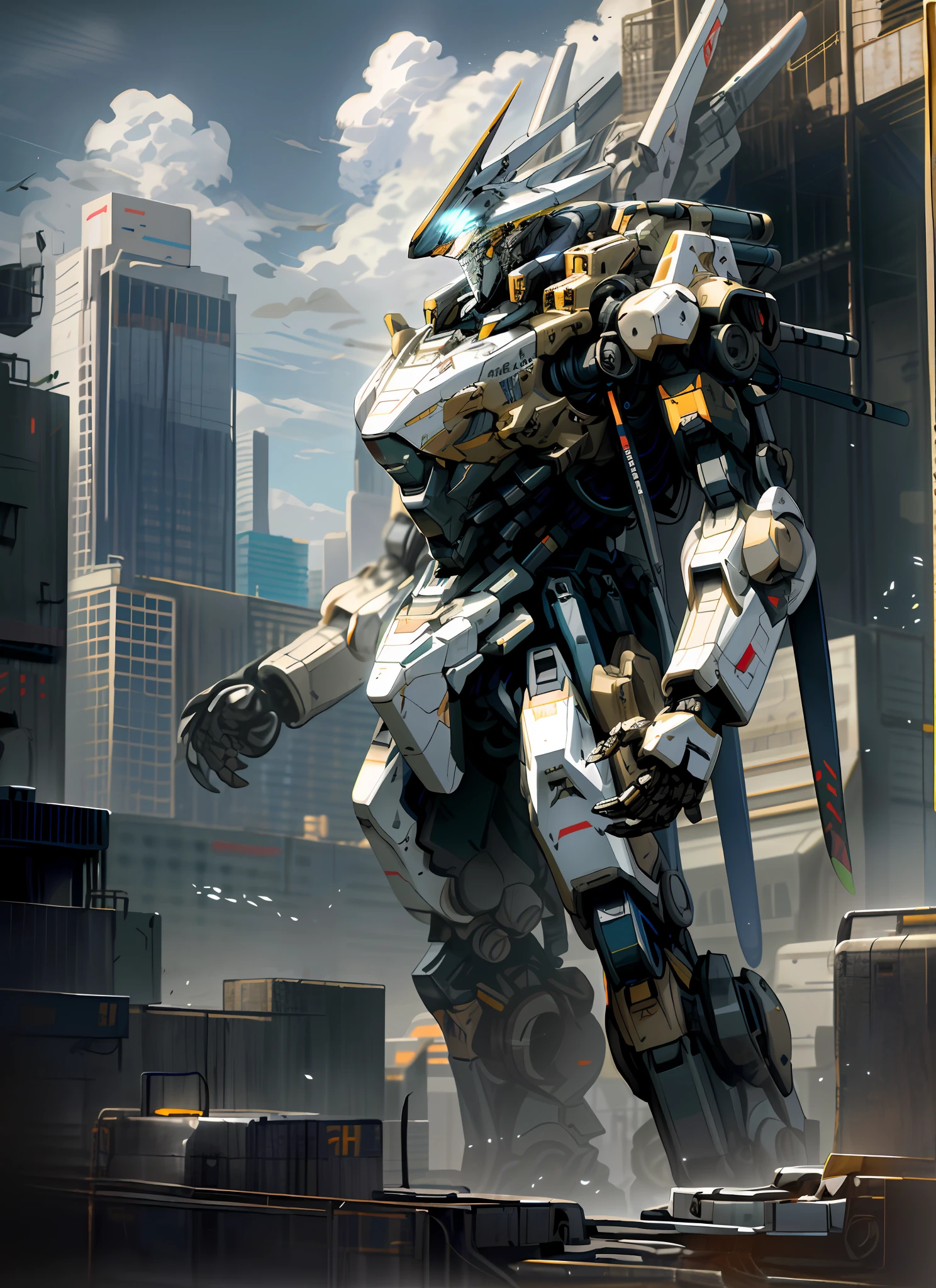 there is a robot that is standing in the air, full body mech, alexandre ferra white mecha, battlemech, painterly humanoid mecha, mech concept art, an anime large mecha robot, mech robot futuristic, discarded mech in background, portrait of a mech, cyber mech, giant mech, mecha art, cool mecha style
