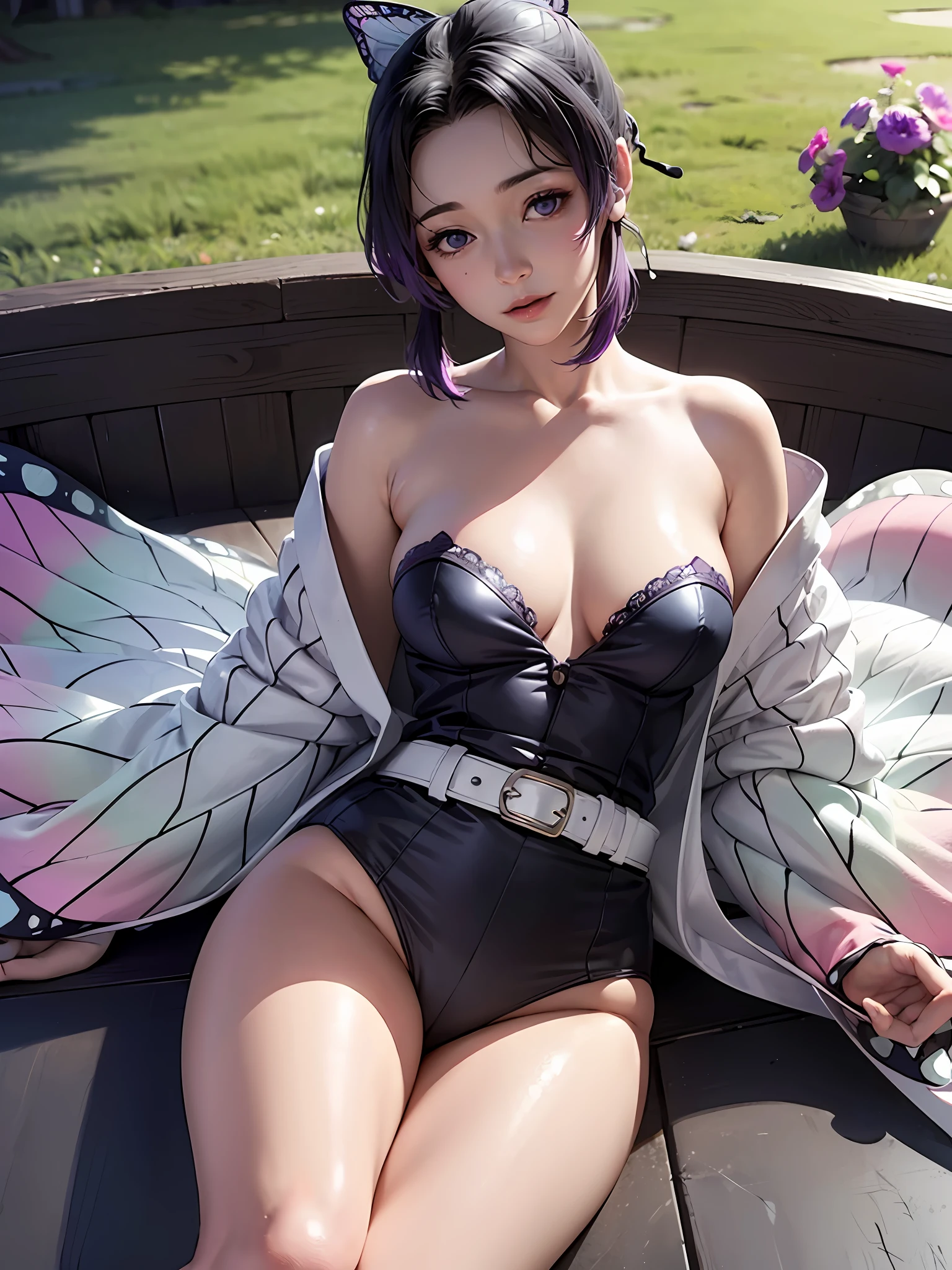 Ultra-realistic 8k CG,masterpiece,((ultra-detailed background, delicate pattern, intricate details)),best quality,very detailed face,extremely detailed eyes and face,extremely detailed eyes,kochou shinobu,multicolored hair,no bangs,hair intakes,purple eyes,forehead,black shirt,black pants,haori,butterfly,buttons,belt,(Garden:1.2),purple flower,chibi,cloudy sky,sunlight,Tindal effect,gradient_sky,face,Gorgeous sky,Waist Sabre,Charming posture,