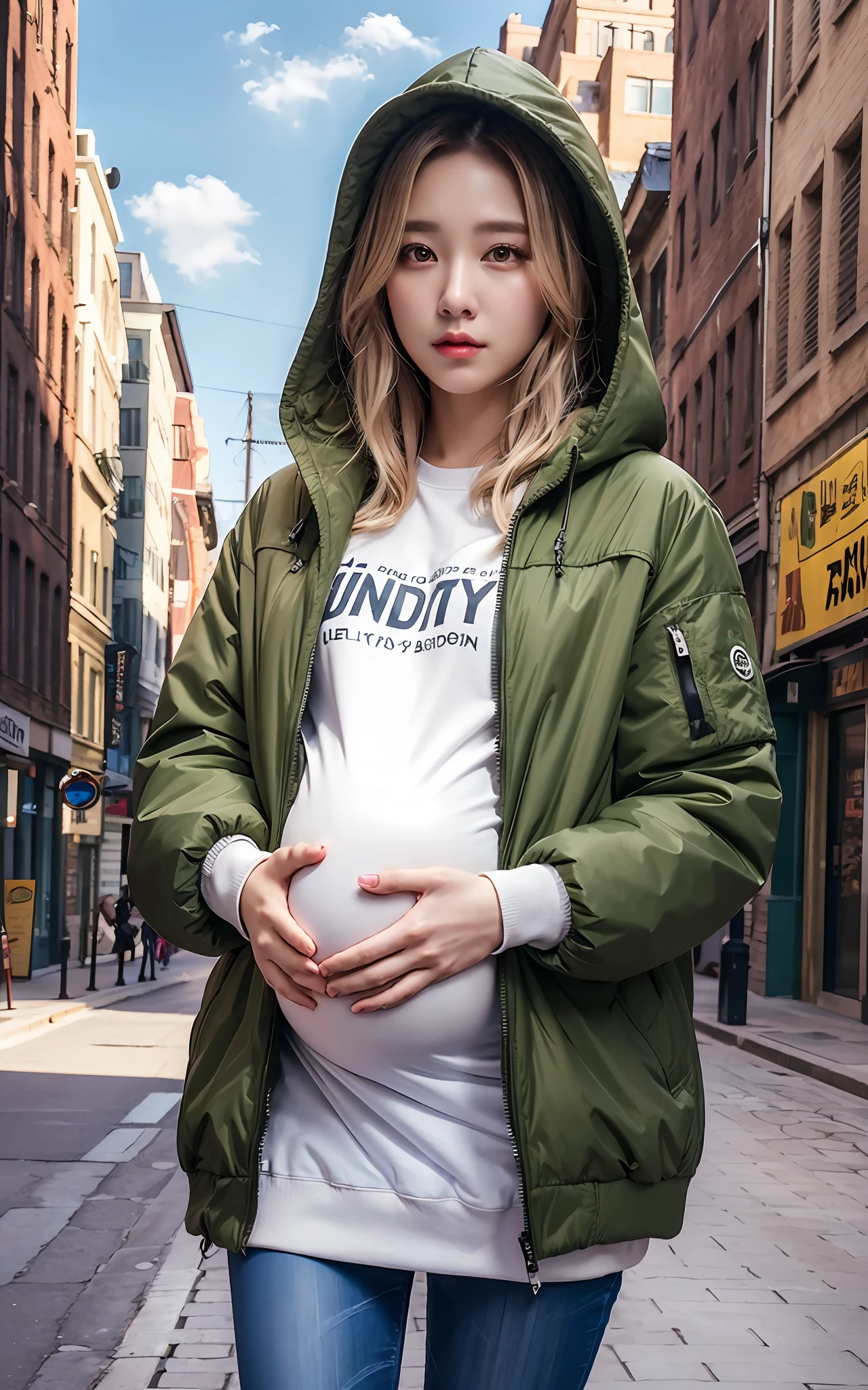 Highly detailed CG Unity 8k wallpaper, top quality, super detailed, masterpiece, realistic, photo realistic, very detailed cute girl, 25 years old, round eyes, viewer, semi-body shot, pregnant woman, forehead, hooded jacket, city
