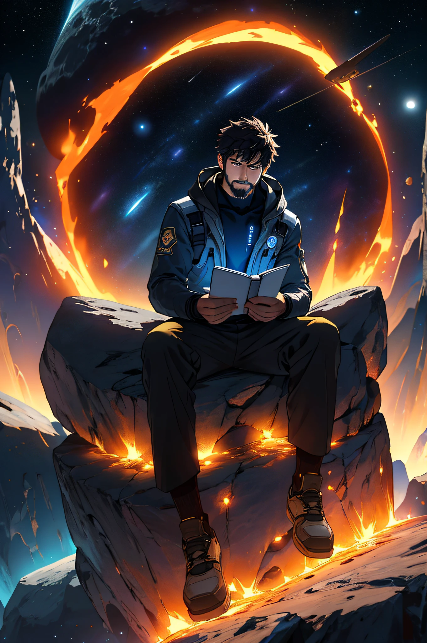 Draw a young programmer, sitting on a research platform floating in the middle of an asteroid belt. He is studying with a notebook, surrounded by several asteroids glowing with fiery auras. Dramatic lighting from distant stars and planets illuminates the scene, casting deep shadows on the suit. The young man looks confident and determined, looking at the vast and mysterious universe with wonder and respect,facial hair, cowboy shot,