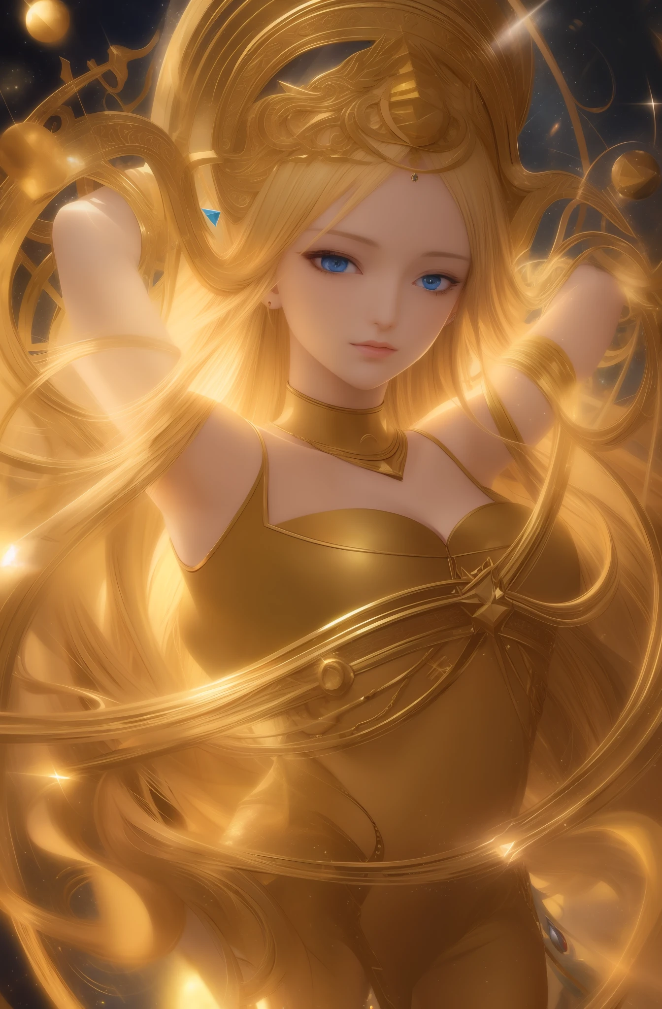 8k, best quality, masterpiece, semi-realistic anime, highly detailed, prism lighting, prismatic light, colored light, 1 woman, long golden hair, blue eyes, jewelry, myth, renaissance, magic, prism