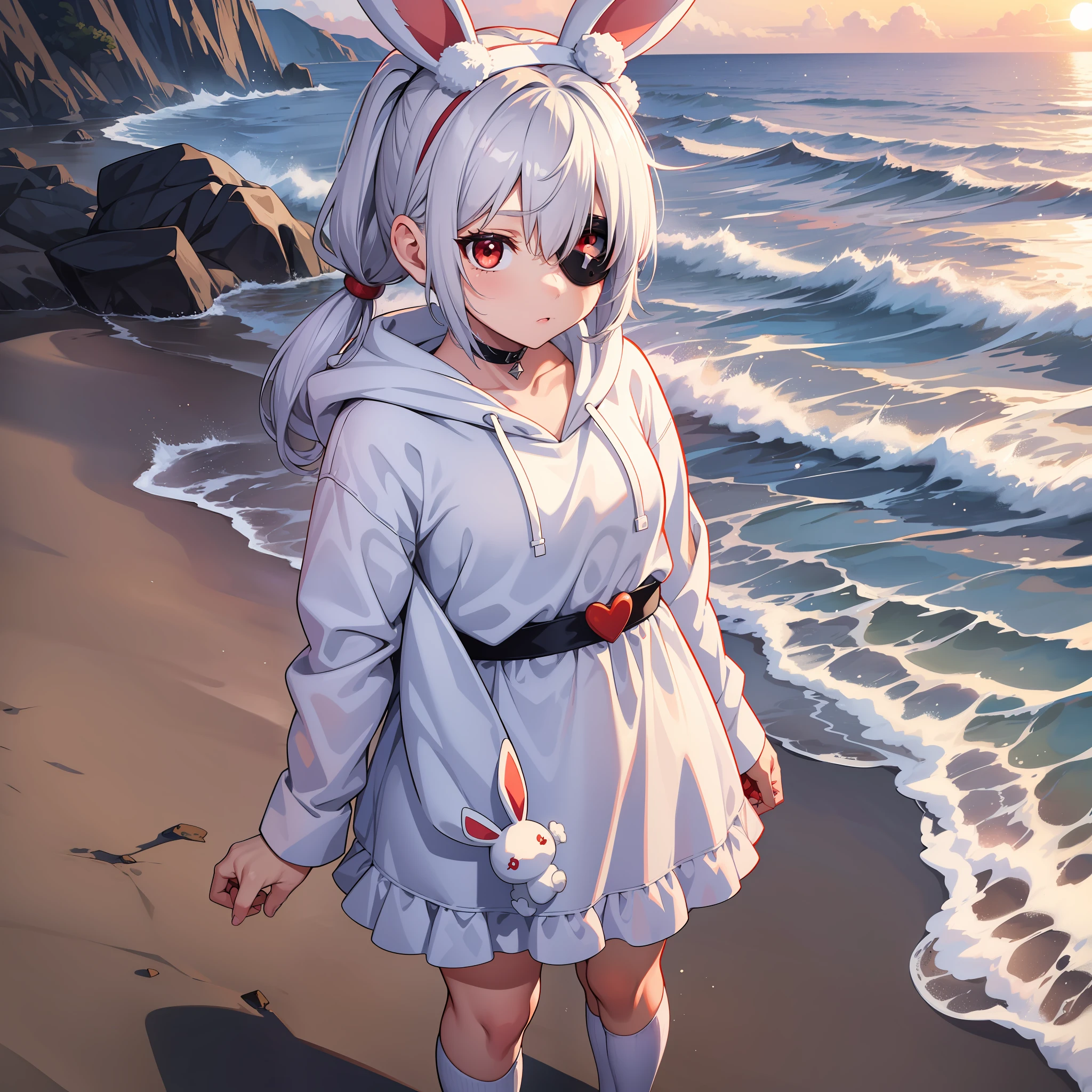 One girl, wearing one white eyepatch, holding a stuffed bunny, short white hair in two pigtails l, With a Hood, bunny ear accessories, Wearing a white short dress, red eyes, full body, Staring at the beach with sunset
