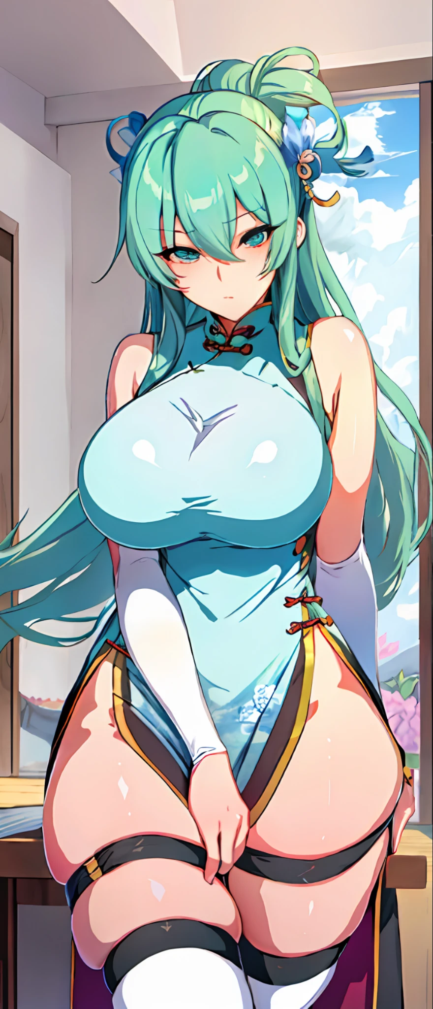 Anime girl with very big breasts and very big ass, full body Xianxia, small curvaceous , ((solo girl)), big, china dress, long slit, big ass, miniskirt, ((thighhigh)),((crotch))、((POV)))、,curvy,(thighhigh),((China dress)) ), (Long Slit), pixiv3dcg,, negao, pixiv, ecchi, oppipe lo potion, full body commission four, top rating on pixiv,