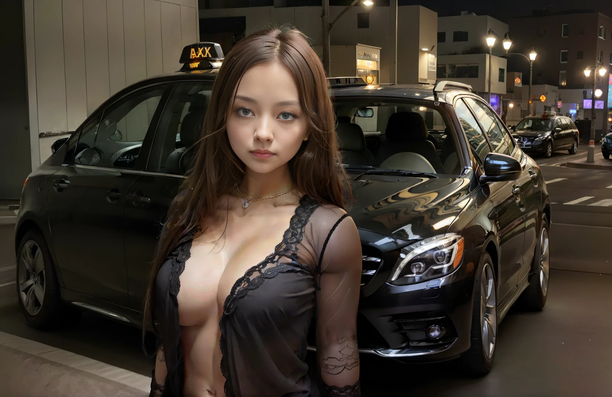 Beautiful young woman standing beside a black Mercedes taxi lit up