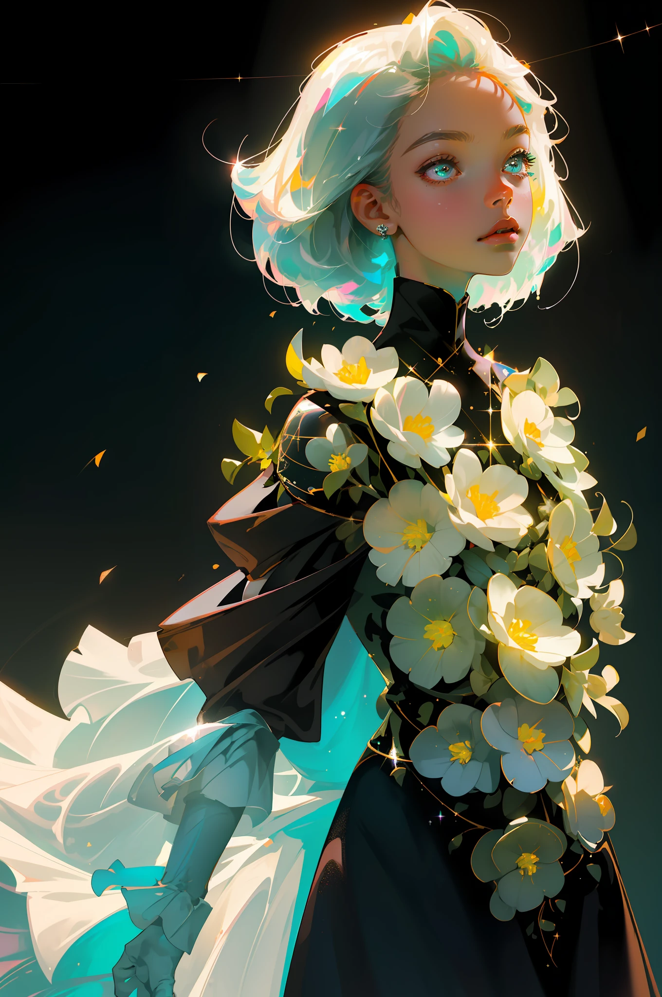 Masterpiece, best quality, super high resolution, fluorescent color,
1 girl, looking at the audience, beautiful face, beautiful eyes, (off-the-shoulder: 1.2), head up, upper body, forest, shiny hair, shiny skin, glowing cut, chibi, finger scale coordination, black starlight dress, particles