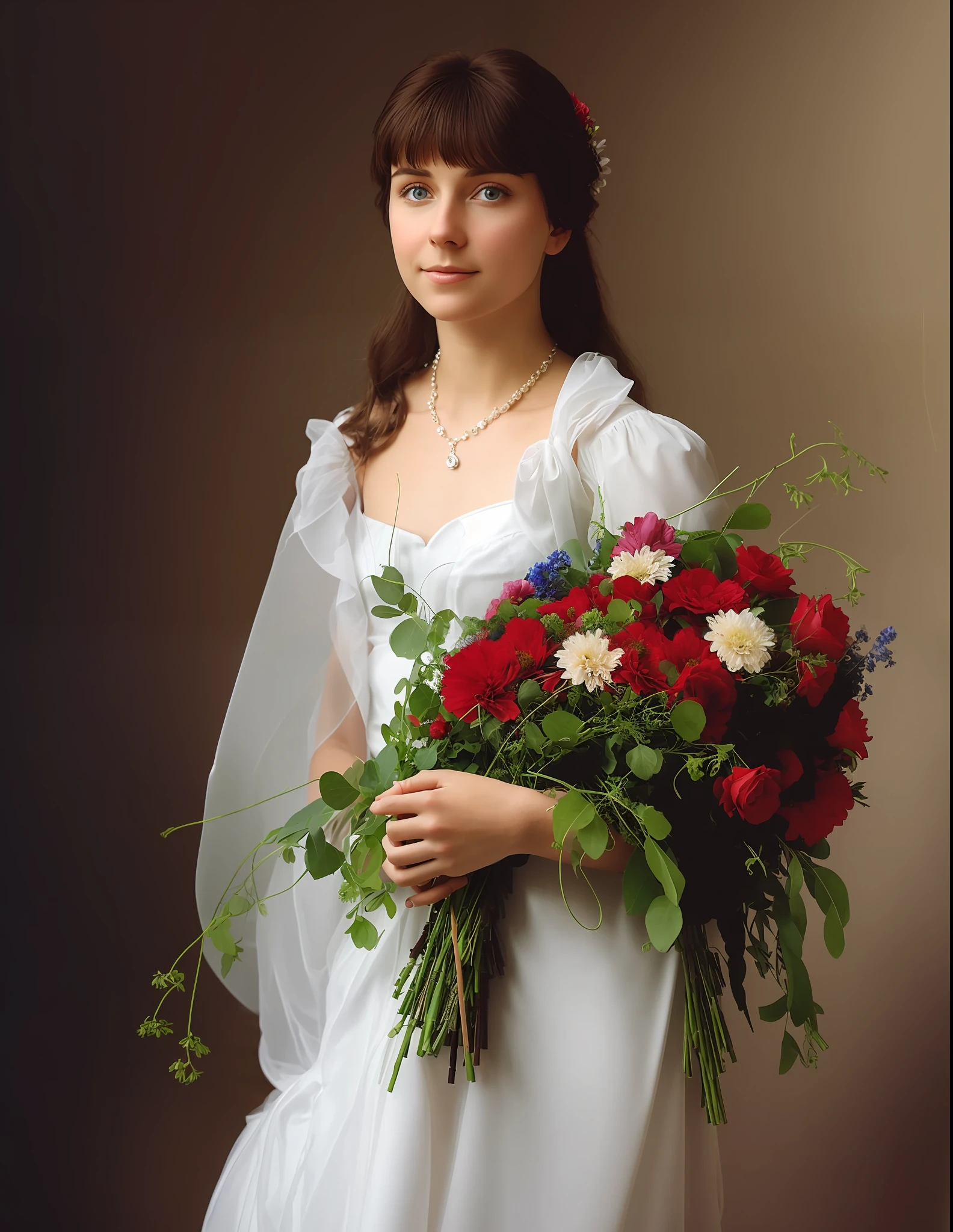 A woman holds a bouquet of flowers in her hand, inspired by Alexei Khalamov