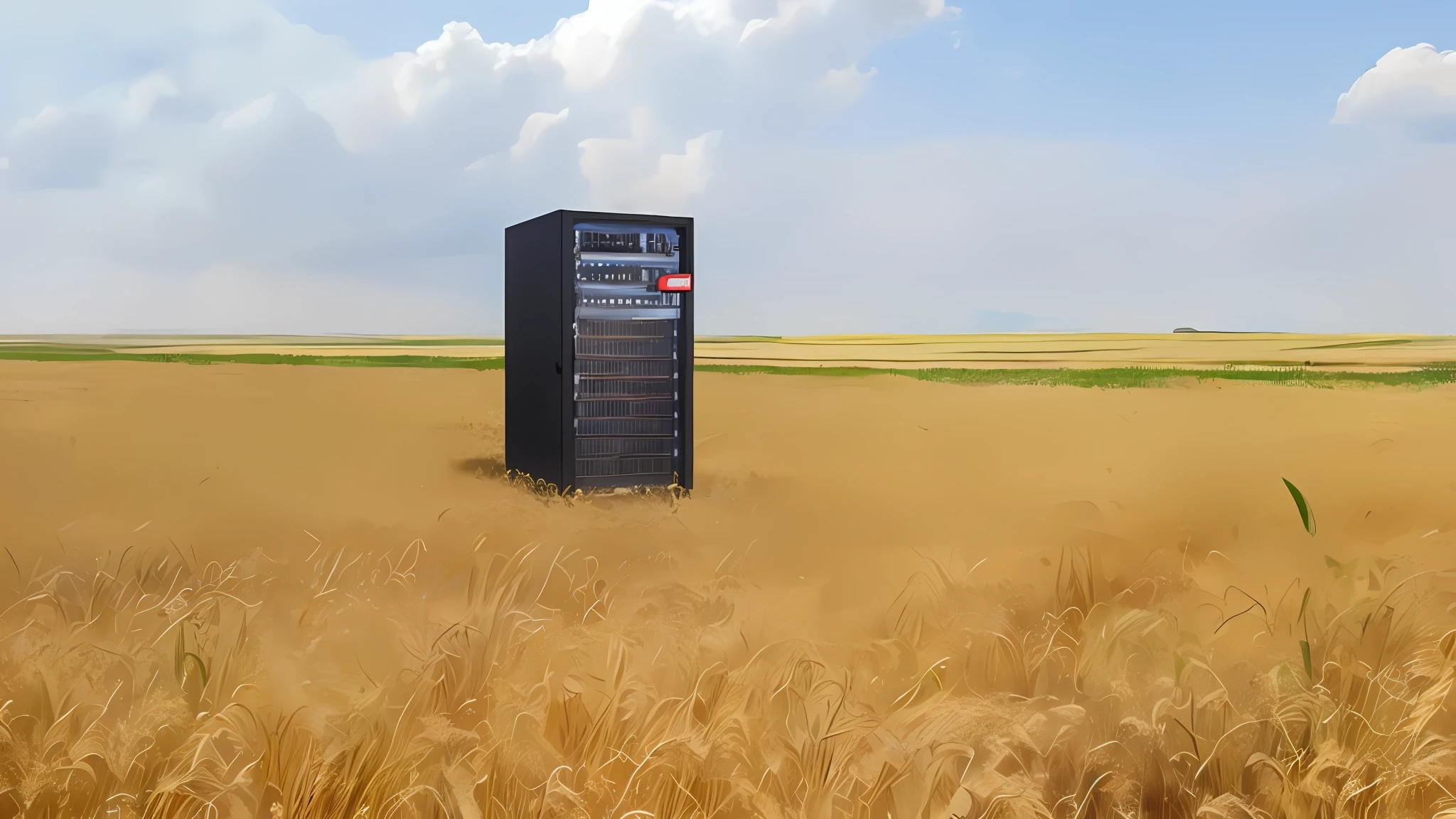 In a vast wheat field, in a scenic background, server in the middle, data center, 8k super detail, digital photography, 3D, (masterpiece, side light: 1.2)