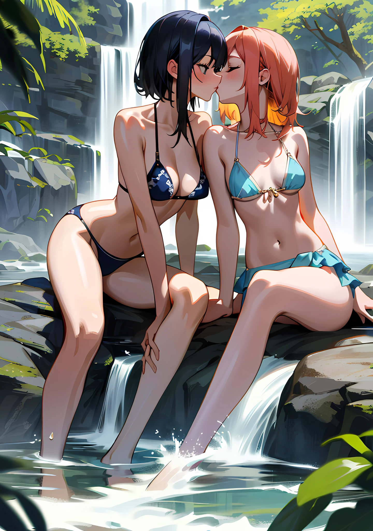 "Gorgeous and high-quality, highly detailed masterpiece that features 2 charming girls in bikini sitting near a waterfall. Creating a sexual atmosphere." medium breasts, (nipple slip:1.1), kissing, bare chest