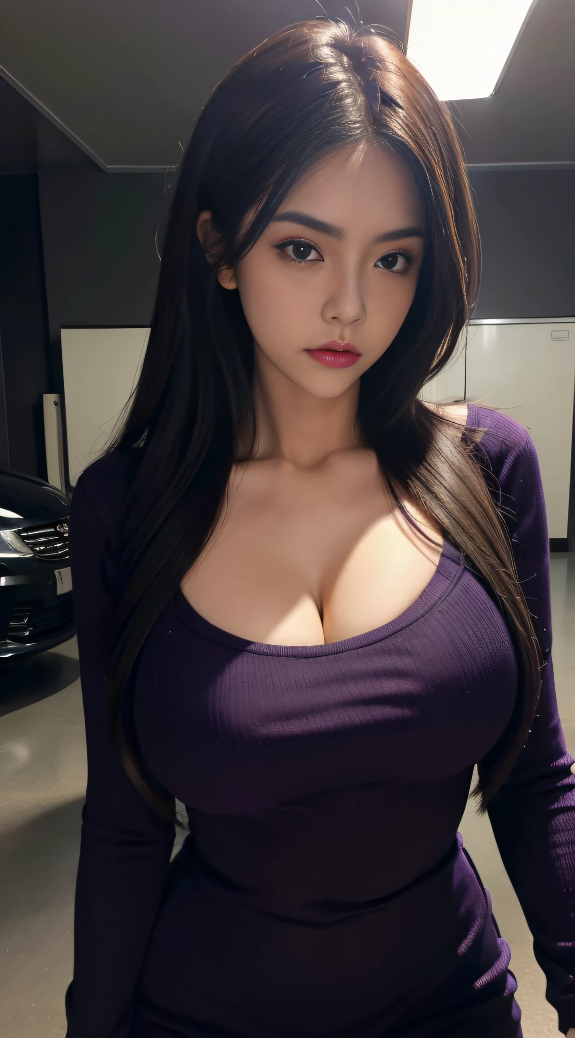 (Extremely detailed, Underground parking, Fine, slightly fat, Full, Big breasts, Big breasts, M cups, Sexy, Purple crewneck dress, No breast cleavage, Refined face, Large aperture, Close-up of people)