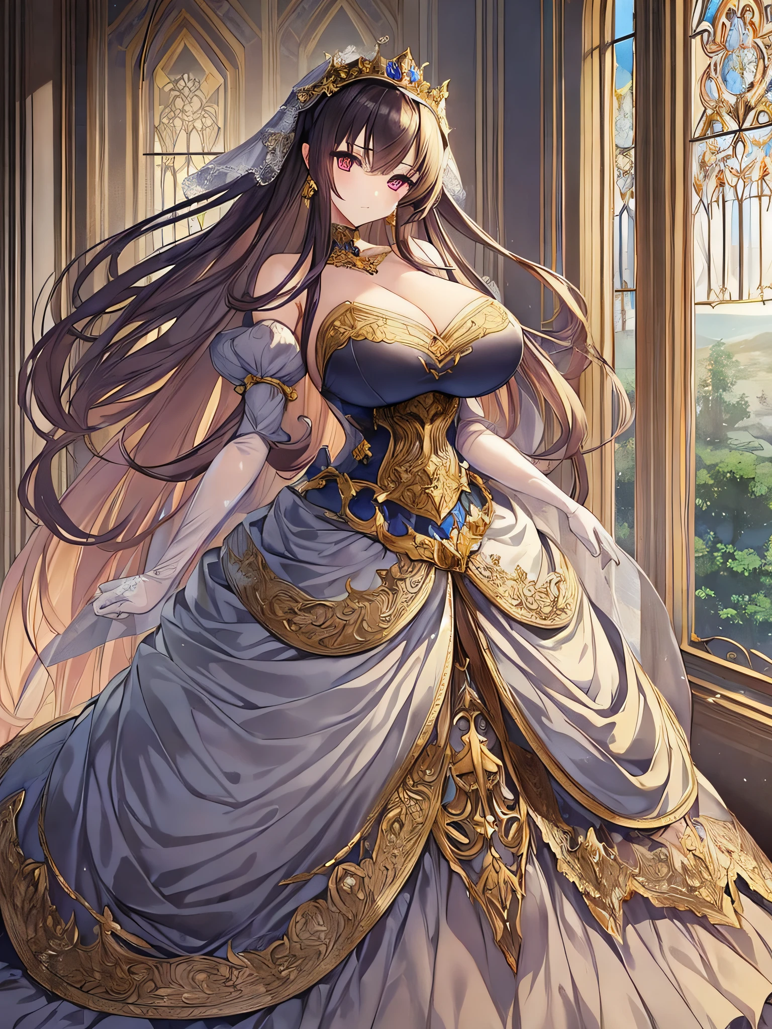 ((anime moe artstyle)),((Masterpiece)), (Best Quality), (Super Detail),Illustration,(Very Delicate and Beautiful),Dynamic Angle,Looking at viewer,(((Solo))),((Full body)),(((1 princess in gorgeous ball gown))),(Very Long Hair),gorgeous embroidery and lace,See-through,(gigantic breasts,Huge breasts,Bulging breasts,Long breasts),full length hoop skirt,((voluminous gorgeous ball gown)),