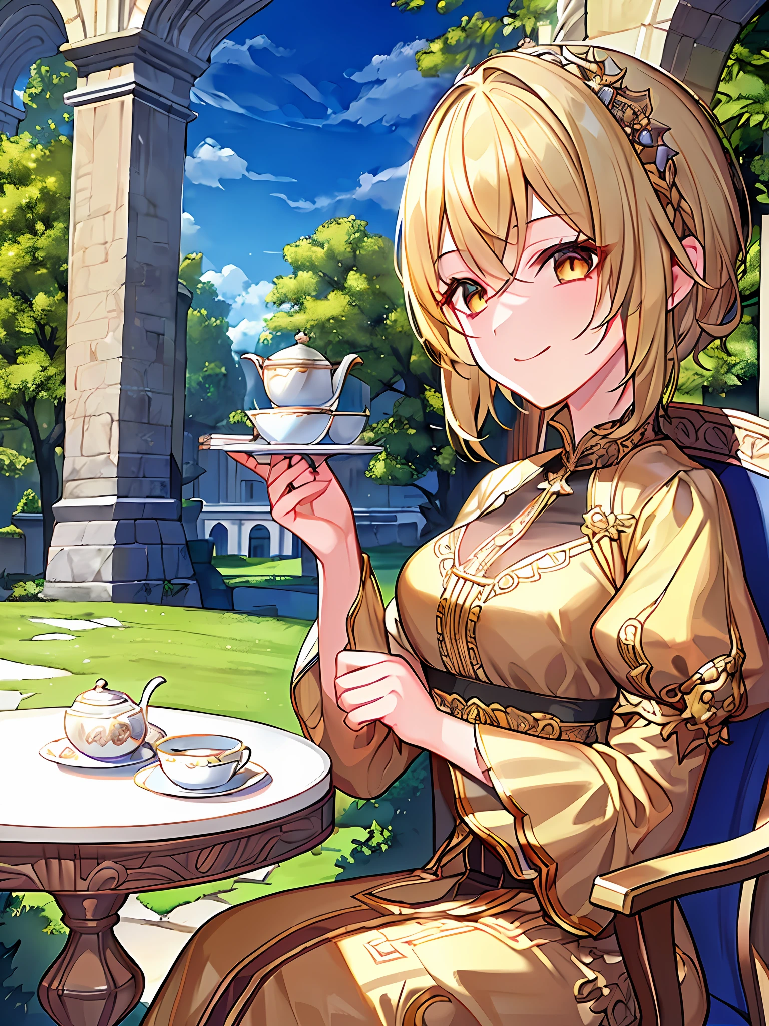 ((Best Quality, 8K, Masterpiece: 1.3)), 1 girl, magnificent composition, sitting in the garden, stone table, visual, afternoon tea, flying dragon, castle, blonde hair, evening dress, stone chair,Short hair,Golden eyes,A sly smile,