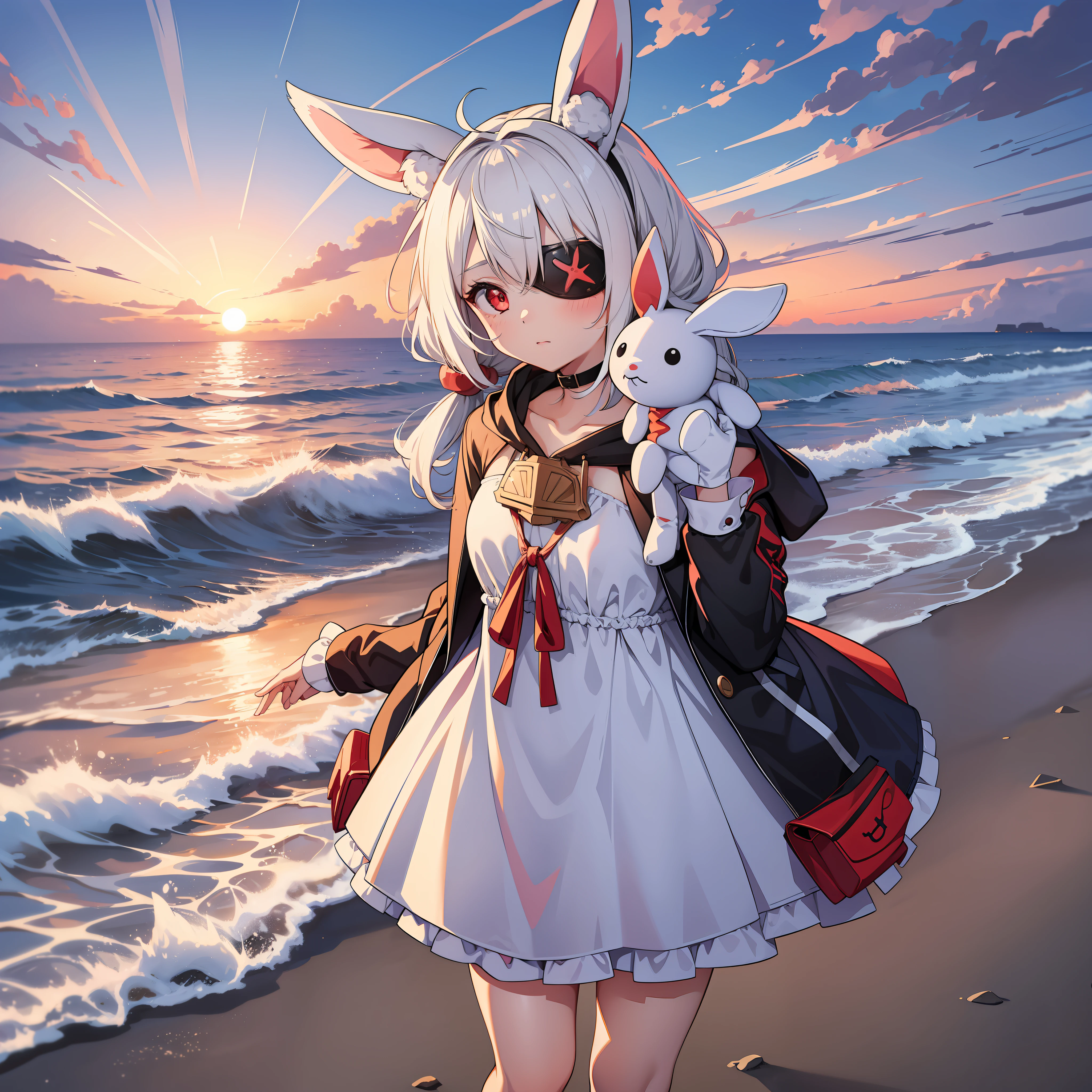 One girl, wearing one white eyepatch, holding a stuffed bunny, short white hair in two pigtails l, With a Hood, bunny ear accessories, Wearing a white short dress, red eyes, full body, Staring at the beach with sunset