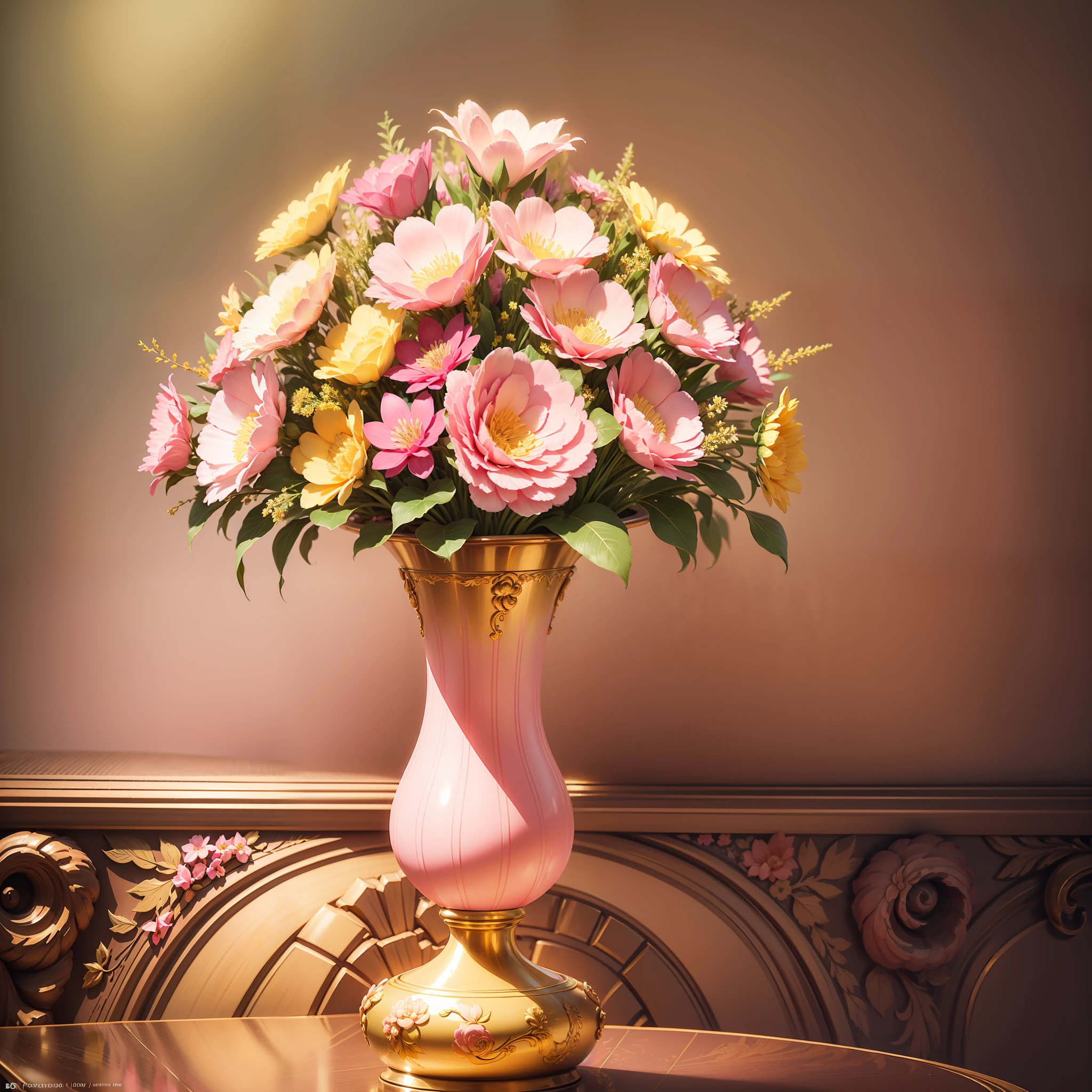 (Floral Art Society + Baroque), (pink + yellow) vase on the table, flowers, meticulous, dreamy, baroque elements, court, neon light, extreme. --auto --s2