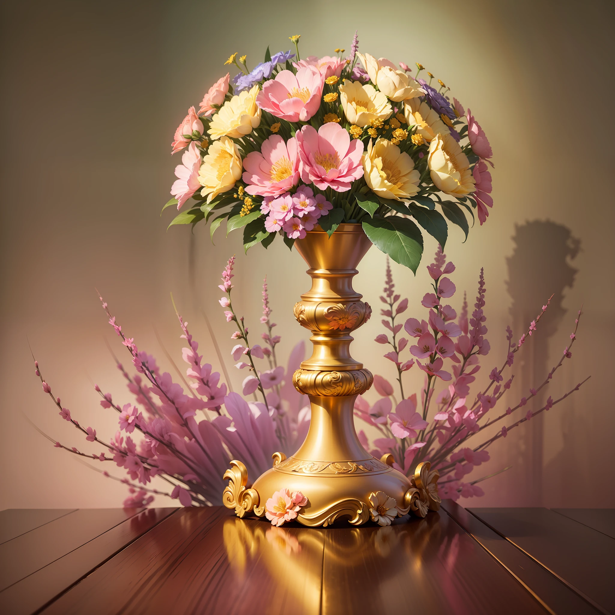 (Floral Art Society + Baroque), (pink + yellow) vase on the table, flowers, meticulous, dreamy, baroque elements, court, neon light, extreme. --auto --s2