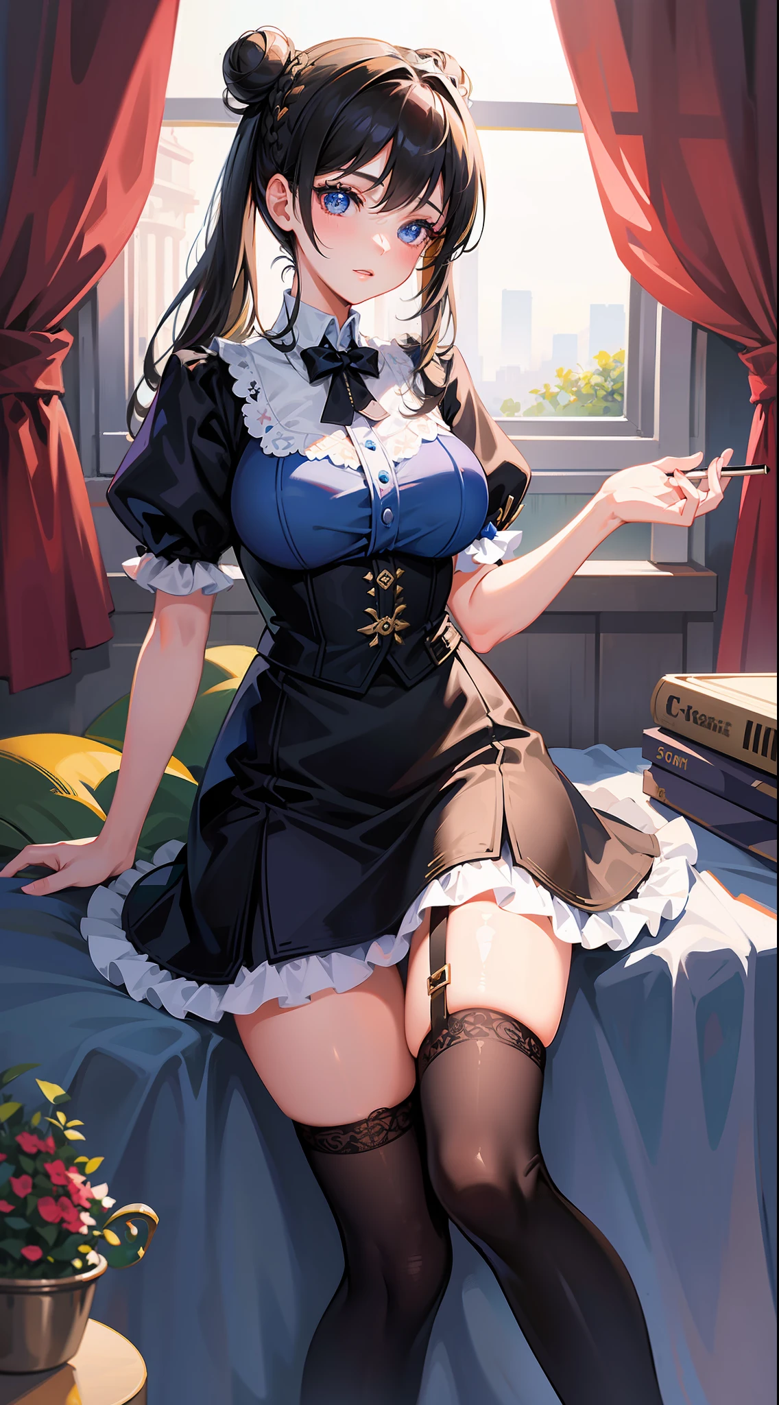 Masterpiece, best quality, super detailed, illustration, (1girl), royal sister, sister, beautiful detailed eyes, looking at the audience, close up, (breast focus), black hair, bun, pencil skirt, black stockings, no shoes, garters, blue eyes, thighs