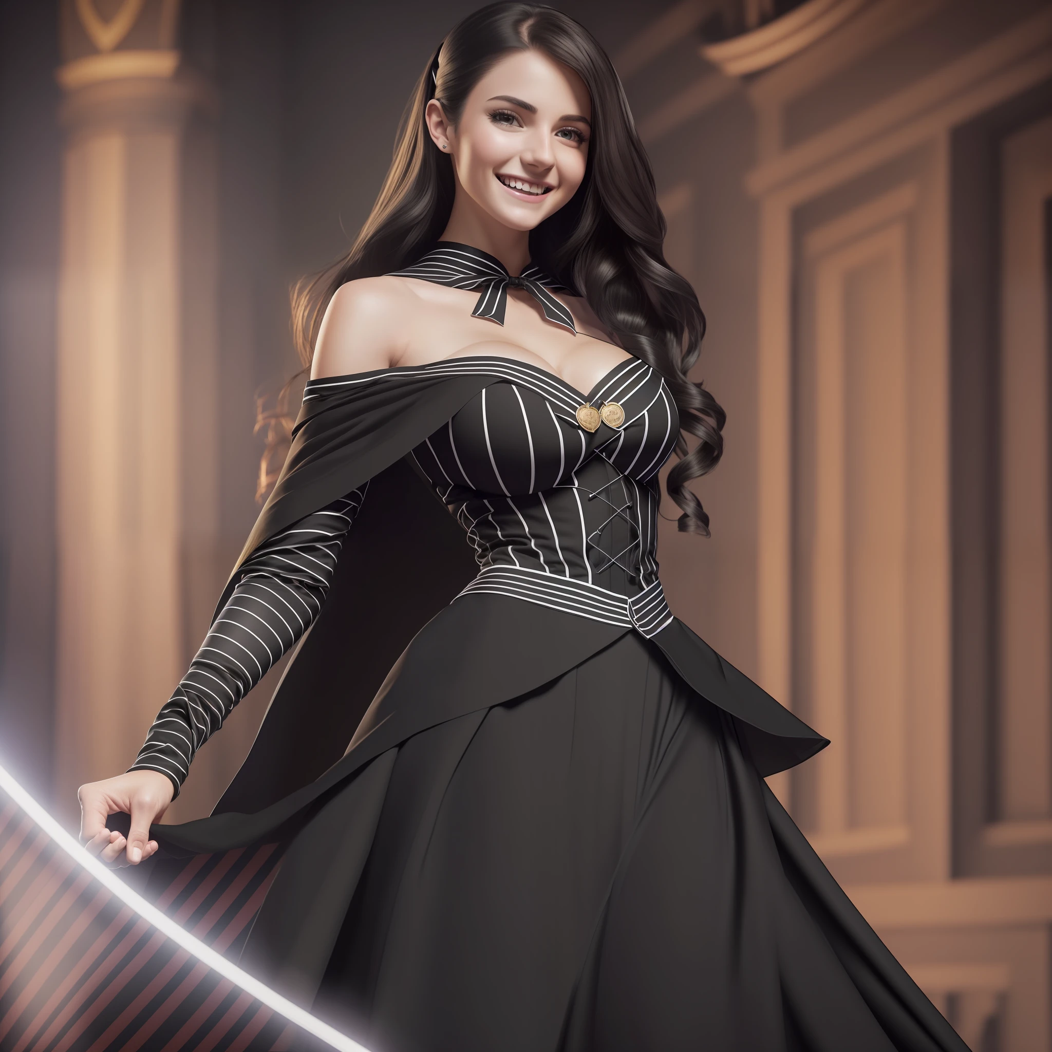 Realistic image of high quality 8k, 25 year old girl, (small breasts), (extremely detail-oriented athletic and lean body), perfect hands, open smile, smiling vampire, vertical chalk-striped blouse black color, long skirt doctorate, black cape, dark moonlight in the background --auto --s2