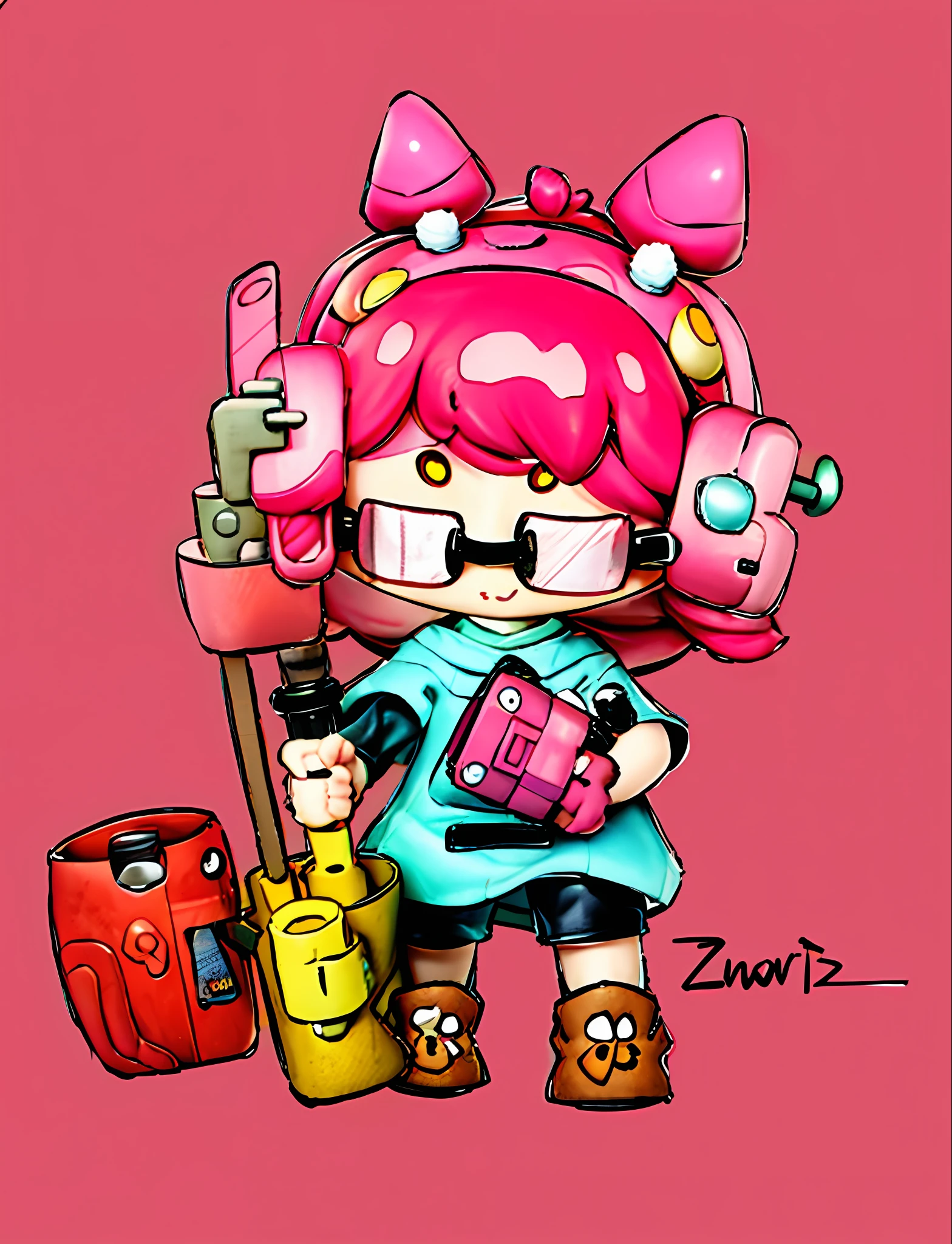 Cartoon character drawing with hammer and bag, zumidraws, , pink hair, colored glasses, Cushart Kenz, official character illustration, Japanese art silkworm eyebrow makeup, cyberpunk background, mood light,