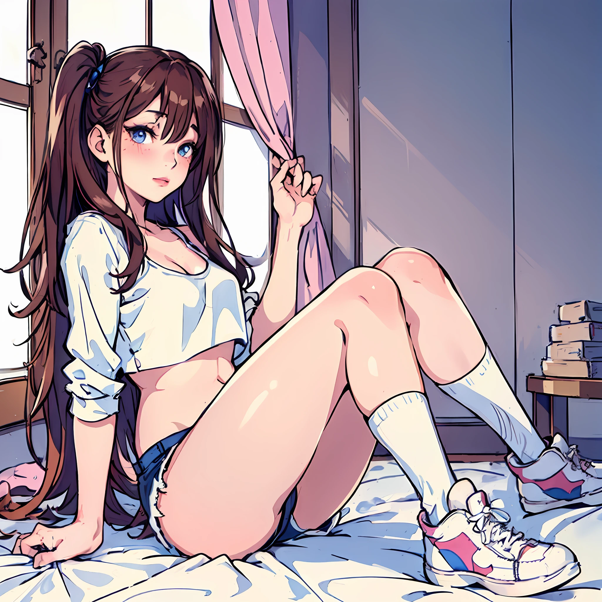 best quality, masterpiece,ultra-detailed),(((mature girl))), aesthetic clothes, crop top, shorts, knee high socks, sneakers, long hair, brown-auburn hair, curtain bangs, blue eyes, breasts, butt, cleavage, large butt, suggestive pose, smirk, empty eyes, hypnoLora, sharp jawline, thin and small face, small nose, long eyelashes, plump lips, lucious lips, perfect face ratio, korean beauty standards, close up portrait, pastel colors, soft and warm lighting, less saturated, hair over one eyes, blushing, ((((1girl, solo)))), mature face, 20 years old, bedroom, sitting on bed, mature