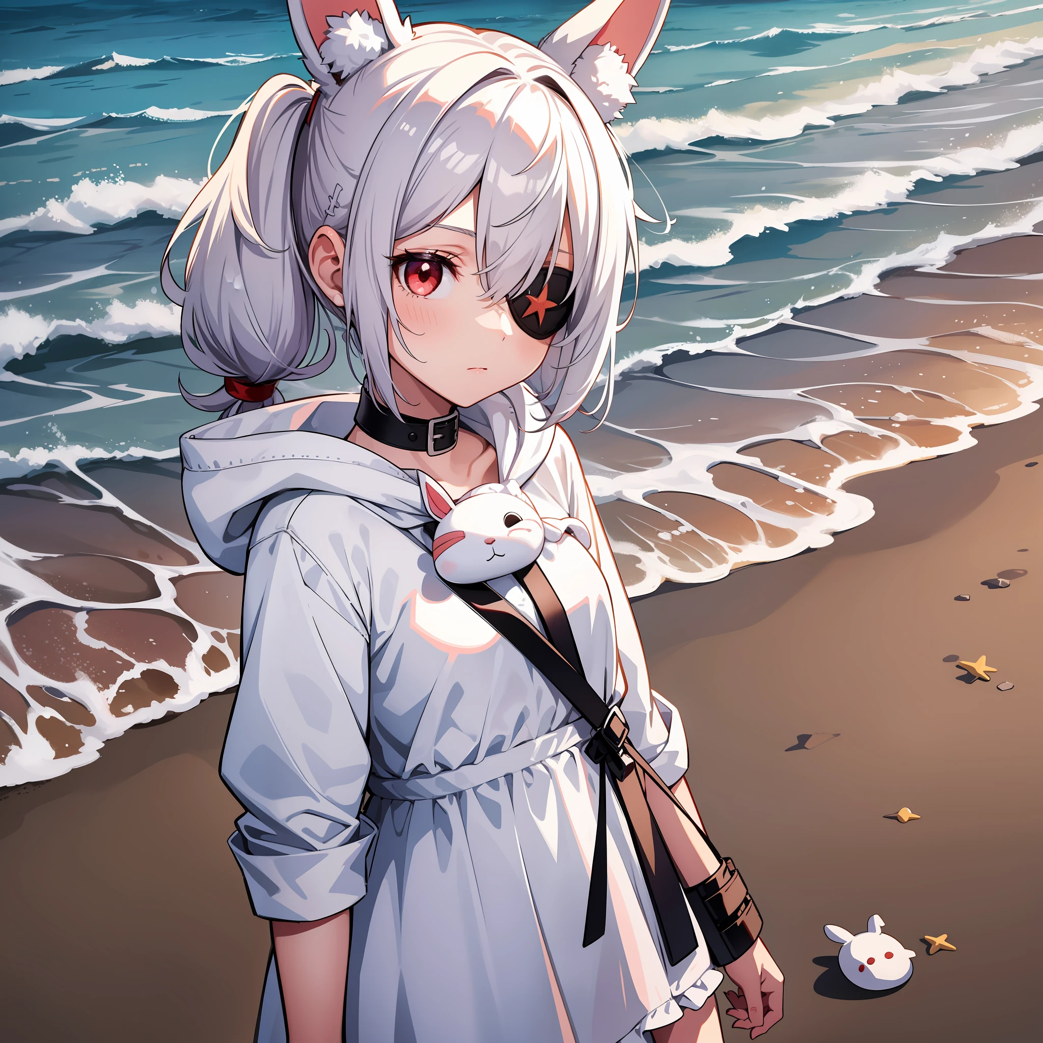 One girl, wearing one white eyepatch, holding a stuffed bunny, short white hair in two pigtails l, With a Hood, bunny ear accessories, Wearing a white short dress, red eyes, Staring at the beach with sunset