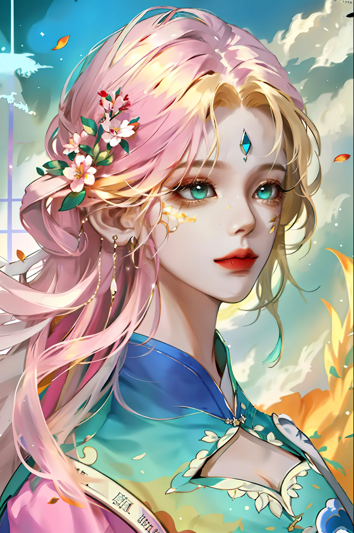 (absurdres, highres, ultra detailed), 1girl, mature female, wavy blonde hair, long hair, blunt bangs, green eyes, pink dress, finely detailed eyes and detailed face, extremely detailed CG unity 8k wallpaper, intricate details, BREAK , kaleidoscopic imagery, symmetrical patterns, vibrant colors, geometric shapes, mesmerizing designs, optical illusions, dynamic composition BREAK , pantomime art, expressive body language, silent storytelling, evocative gestures, visual narratives, theatrical performances BREAK , blooming flowers, colorful petals, fragrant scents, nature's bounty, vibrant gardens, peaceful scenery