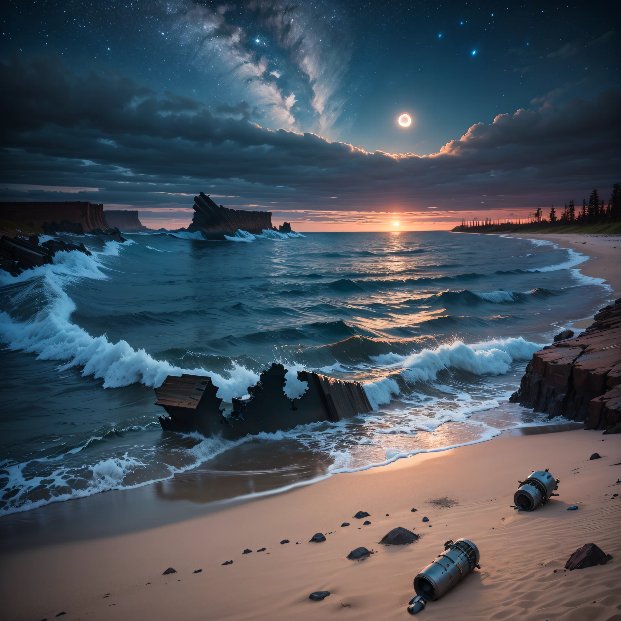 "An ethereal and hauntingly beautiful moonlit beach on the shores of Lake Superior, where the remains of a wrecked submarine lay half-buried in the sand, surrounded by a mystical aura of mystery and intrigue -- Auto -- s2."