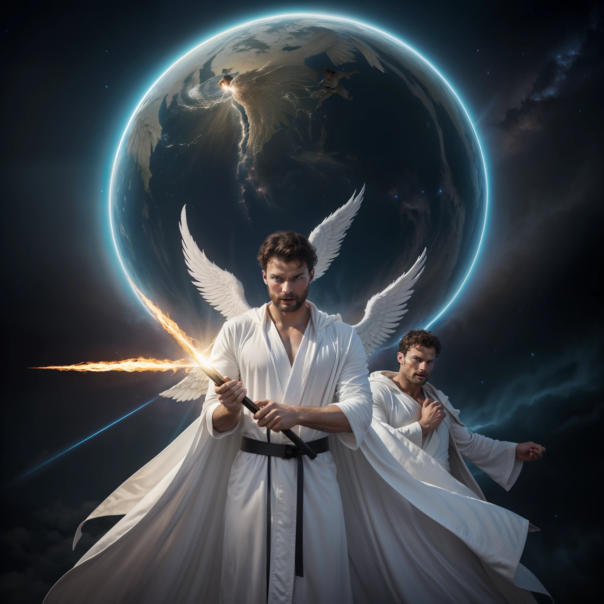 Archangel Michael and two heavenly angels fighting Lucifer in Heaven, many angels, great white wings, holding flaming sword, white robe, around heavenly flames, Jamie Dornan Archangel Michael, Tom Ellis Lucifer, battle in the heavens, wearing short black beard, focus on the details of the face, coming out happy rays, serious and attractive man, wearing white robe, magical and real effect, film cover, with magical light explosions, powerful celestial warrior, similar to actor Jamie Dornan, sky image background of outer space above planet earth, (8k, RAW photo, best quality, masterpiece: 1.2), (realistic, photorealistic: 1.37), professional lighting.