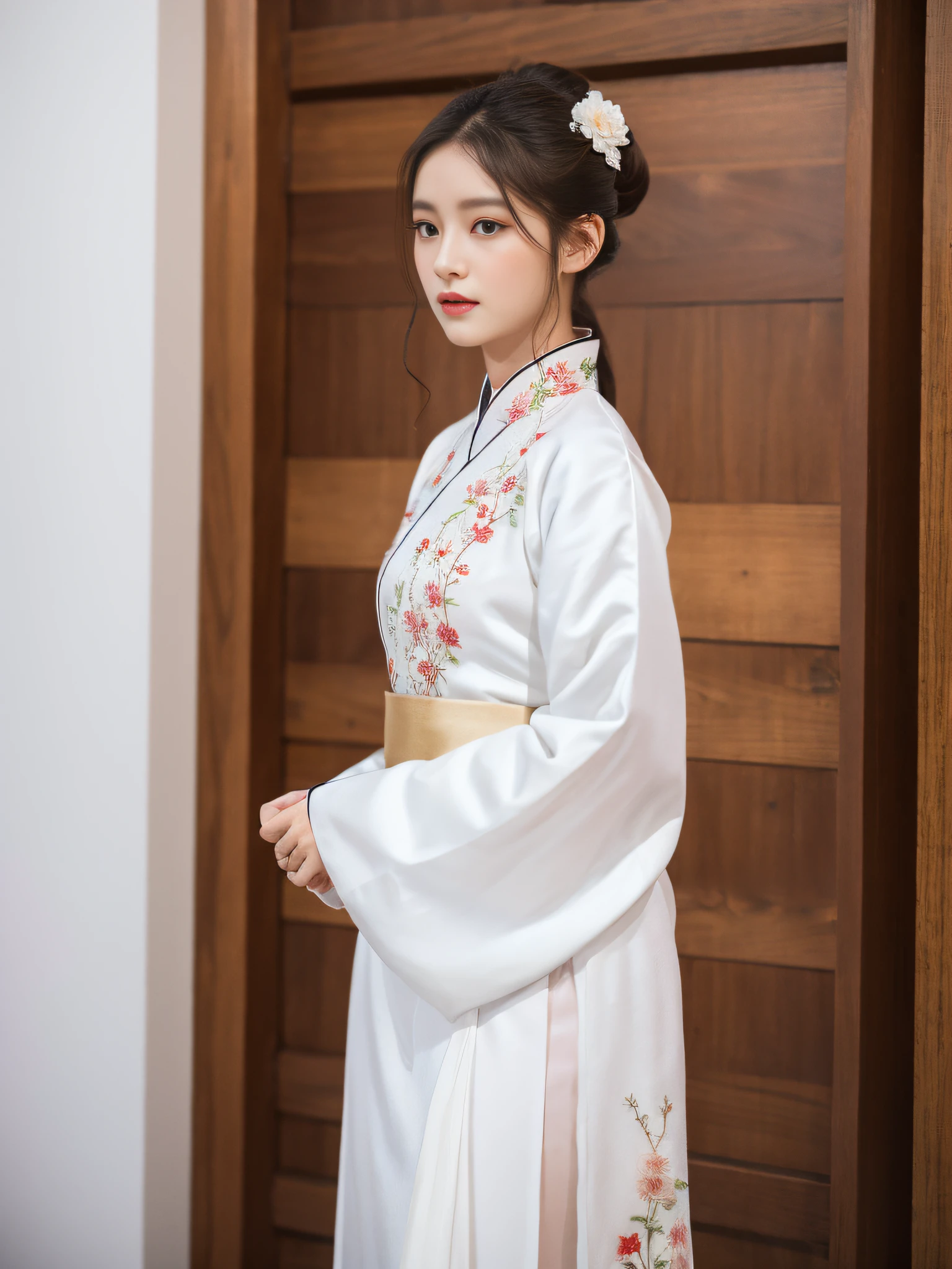 ((Best quality, 8k, Masterpiece: 1.3)), Focus: 1.2, wearing white Hanfu, small flower embroidery, delicate, split end, long legs, full body standing photo, café wall, highly detailed face and skin texture, detailed eyes, double eyelids, whitened skin, long hair ponytail
