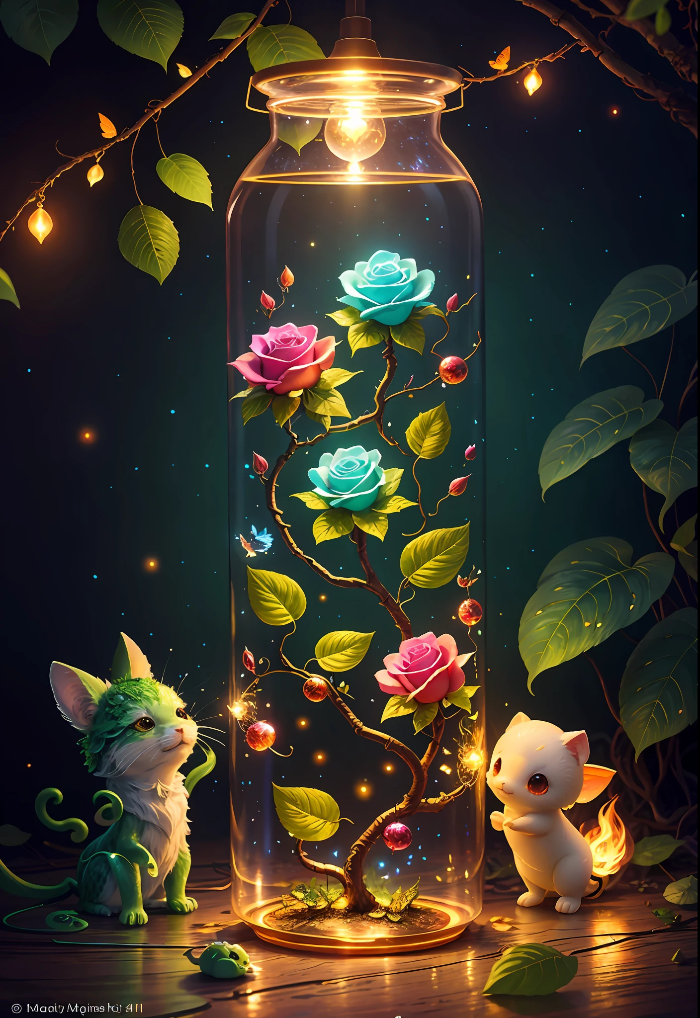 Fantasy in a glass, "ethereal roses, cute slime animals, glowing little mushrooms surrounded by delicate leaves and branches, and fireflies and glowing particle effects", (natural elements), (jungle theme), (leaves), (branches), (fireflies), butterflies, (delicate leaves), (glow), (particle effects), super realistic, super detailed, dramatic lightning, 4k, masterpiece,
