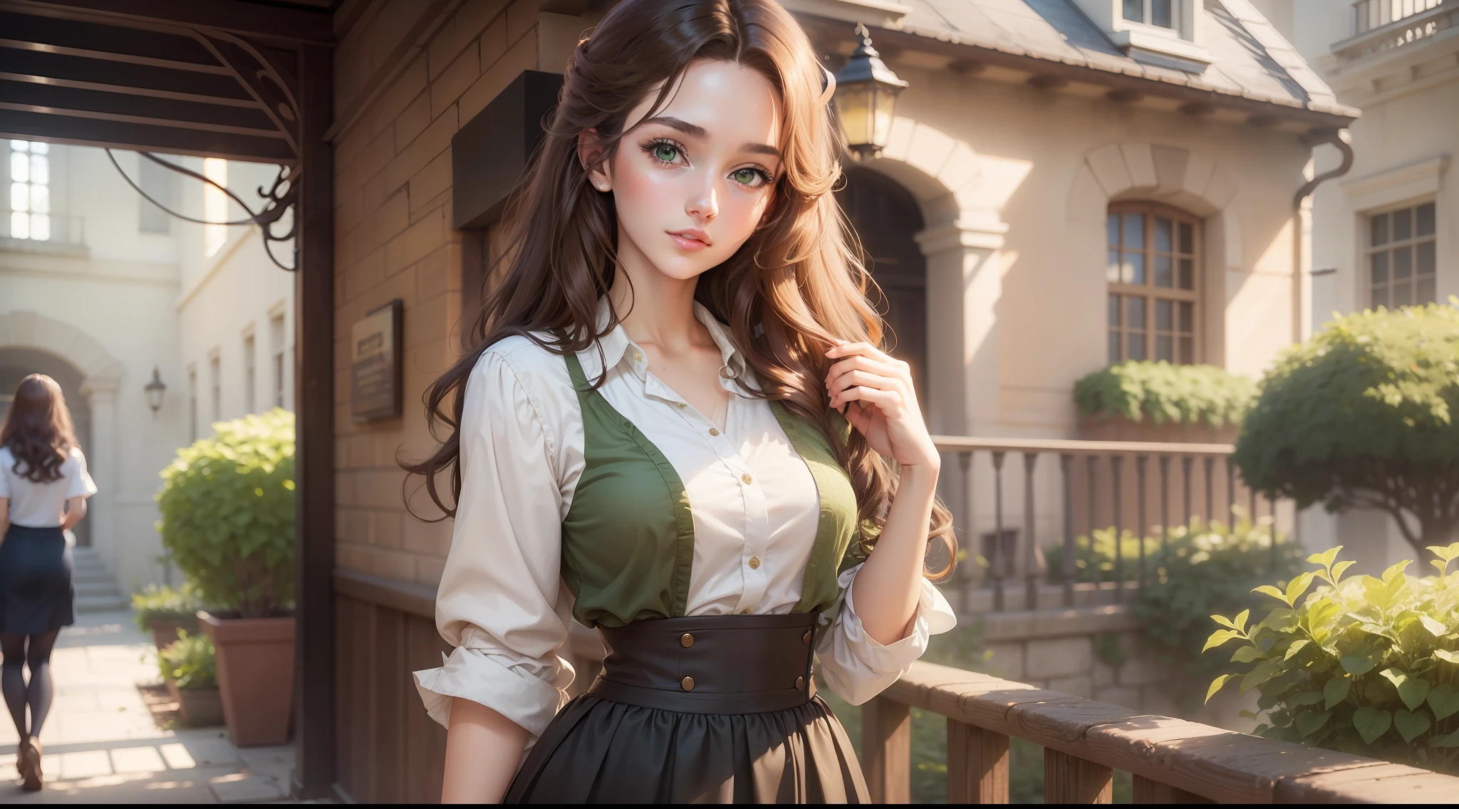 A beautiful young woman, s old, brown hair, long and curly, green eyes, sweet ((best quality)), masterpiece, ((official-art)), high school clothes, no neckline, behaved (girl 1:33, solo), beautiful image, very beautiful face, perfect, full body, UHD, 8K