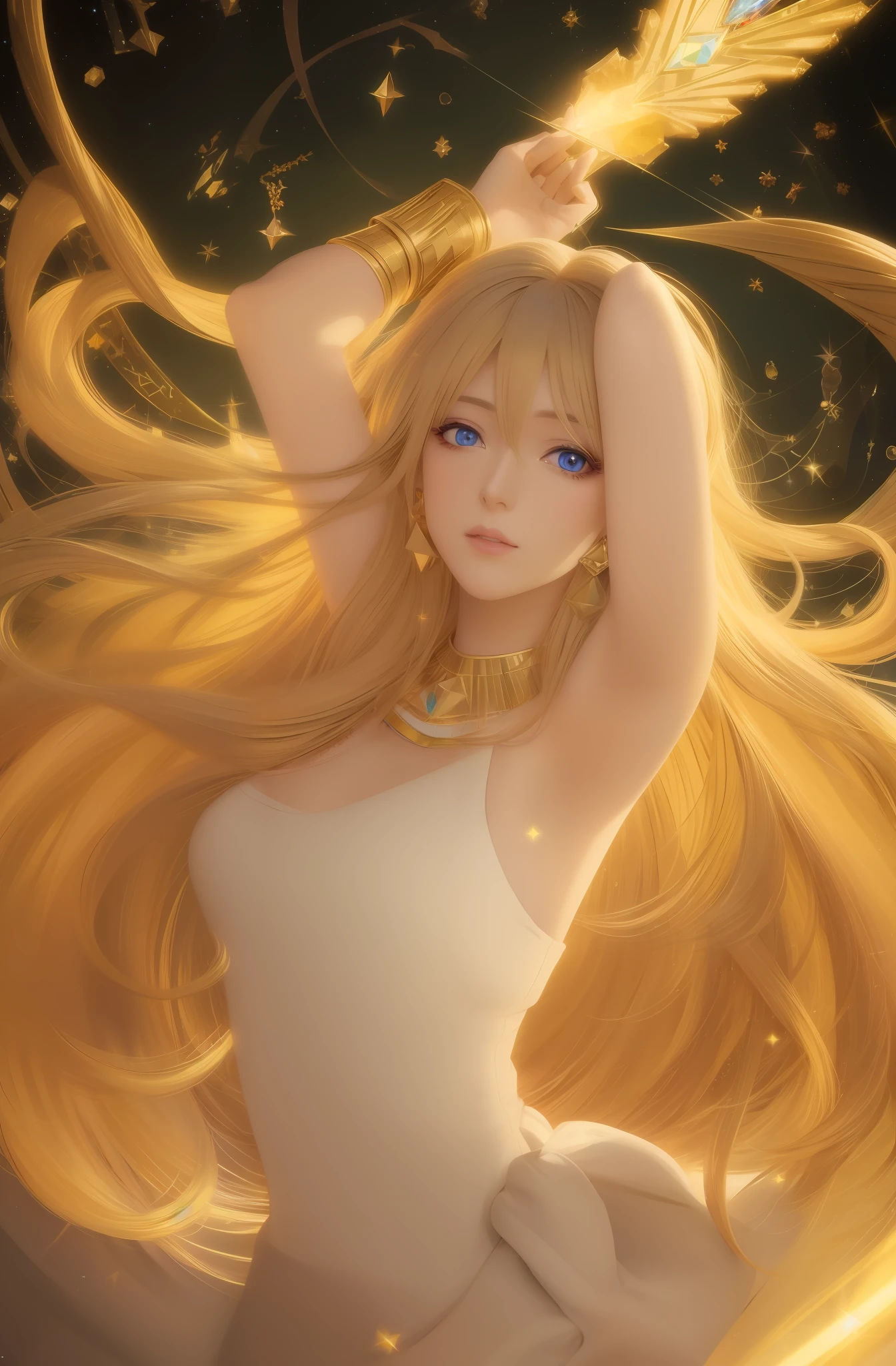 8k, best quality, masterpiece, semi-realistic anime, highly detailed, prism lighting, prismatic light, colorful lighting, 1 woman, long golden hair, blue eyes, jewelry, myth, renaissance, prism magic, colorful magic