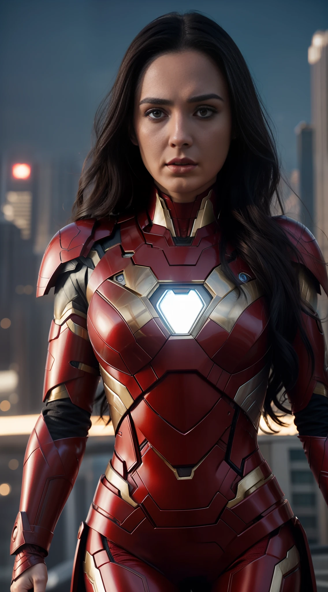 1girl, (((solo))), Gal Gadot dressed in Marvel's Iron Man uniform. Long black hair. Detail blue eyes. Highly detailed face, mascara in the eyes, red lipstick in the mouth, facial expression of malice nibbling on the lip. The armor covers his body (((insane details))). Full-length portrait showing an imposing posture, towards the viewer. Head proportional to the body. She flying over New York. Hyper realistic, highly detailed, cinematic, movie poster. 8K