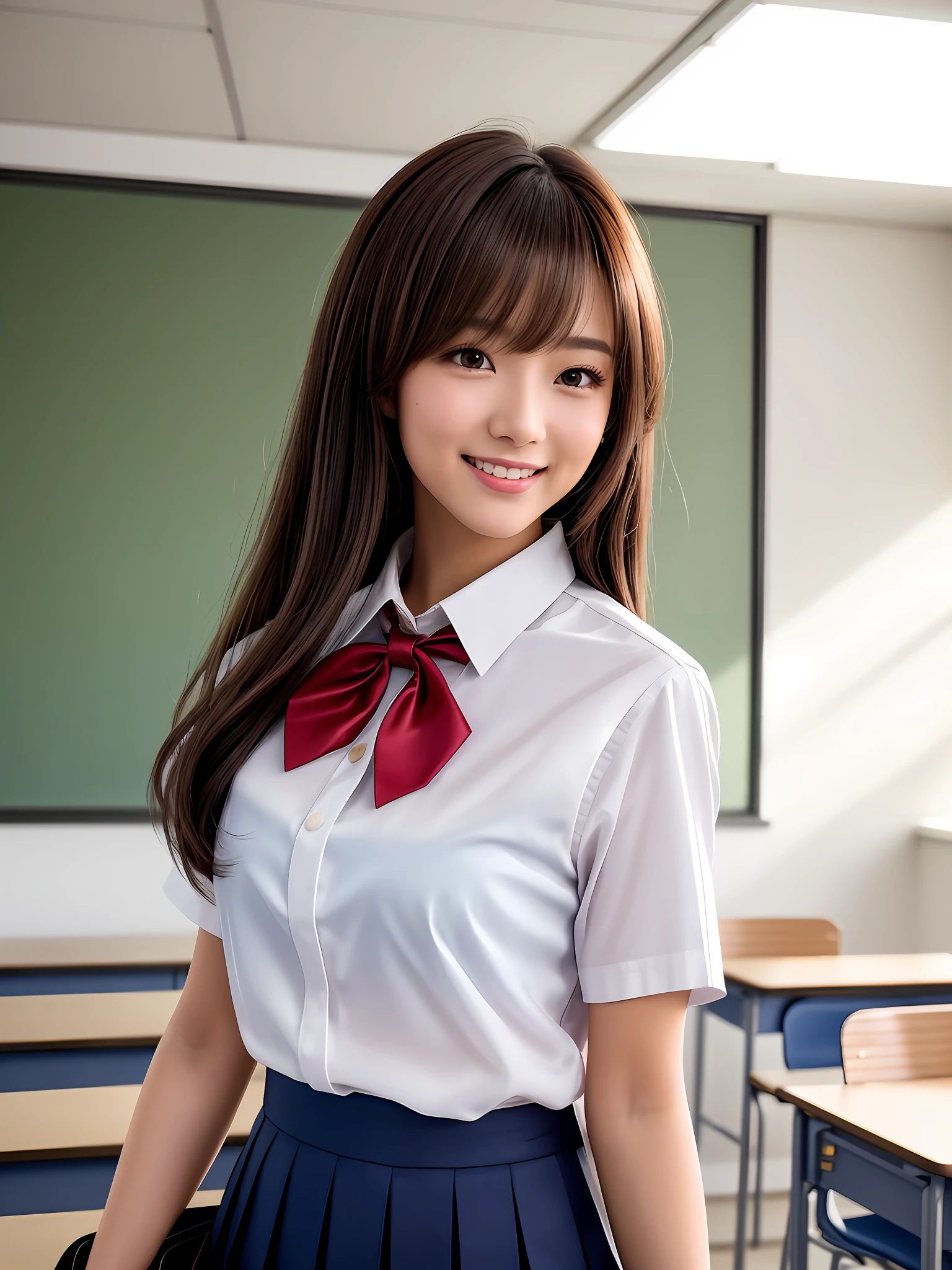 masterpiece, upper body shot, diagonally back view, a Japanese young pretty woman, standing at the exit in the classroom with a big smile, carrying a big tote bag on her shoulder, glamorous figure, wearing a short sleeves white collared silky shirt with shiny red satin plain bow tie, wearing a long length dark blue pleated skirt, hyper cute face, glossy lips, double eyelids in both eyes, Natural makeup, long eyelashes, shiny smooth light brown hair of medium length, asymmetrical bangs, tanned skin, in the classroom, head frame, central image, 8K resolution, high detail, detailed hairstyle, Detailed Face, spectacular cinematic lighting, octane rendering, vibrant, hyper realistic, perfect limbs, perfect anatomy