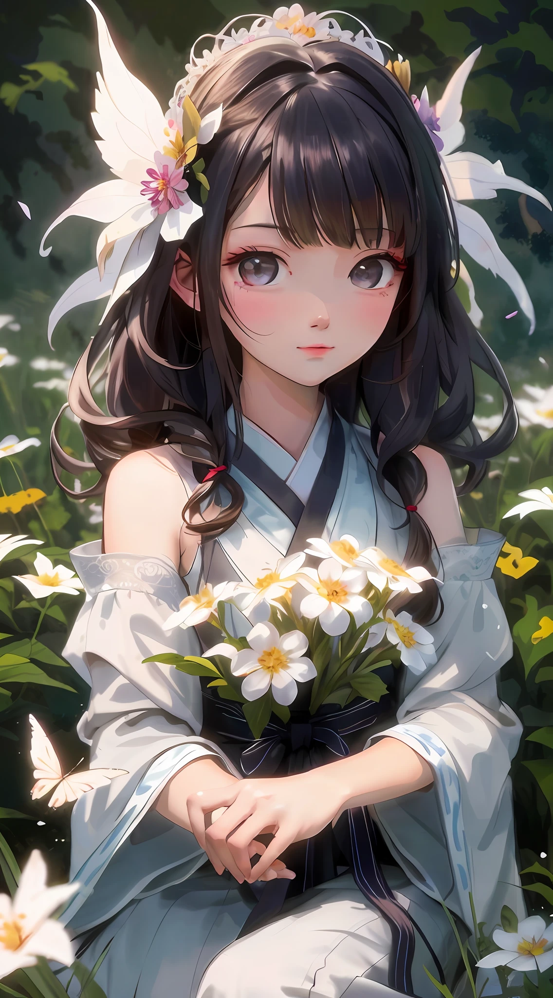 anime girl with flower in her hair sitting in a field of flowers, guweiz, artwork in the style of guweiz, guweiz on pixiv artstation, beautiful anime portrait, anime style 4 k, beautiful anime girl, guweiz on artstation pixiv, digital anime art, digital anime illustration, beautiful anime artwork