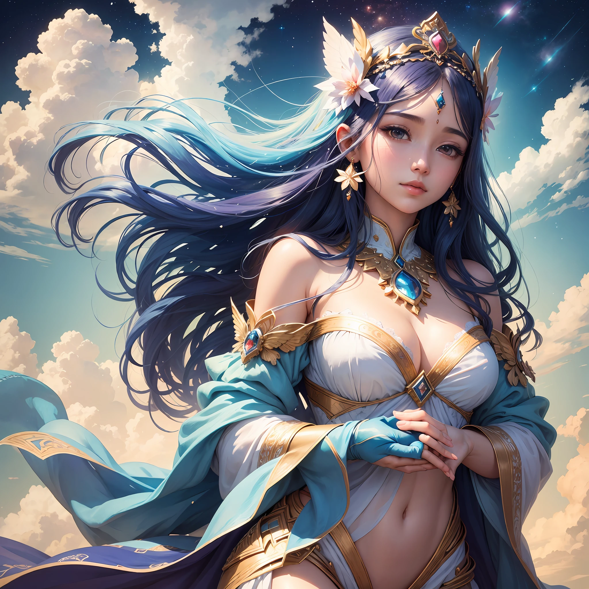 In this picture, the sky is personified into a gentle and mysterious female figure.

Her figure is graceful and light, her posture is free and elegant, as wide and free as the boundless blue sky. Her skin is smooth and silky, with a tranquil sky blue, giving a feeling of warmth and comfort.

Above her head was a delicate cloud like soft hair. Embedded in the clouds were bright daylight and twinkling stars, emitting a dazzling glow, like her headdress.

Her face is filled with serenity and love, and her eyes are like bright stars, revealing mystery and wisdom. The eyes contain the exploration of the universe and the care for human life, and are the guardians and guides of the sky.

Her hands gently flutter like butterflies, carrying the coolness and comfort of the breeze. Colorful rainbows and glittering clouds are reflected in the palm of the hand, symbolizing the change and diversity of the sky.

In her background, beautiful sky scenes are displayed, such as colorful clouds, birds, white clouds, etc., reflecting the magnificence and vastness of the sky.

The whole picture exudes a tranquil and mesmerizing atmosphere, representing the beauty and boundlessness of the sky.

The painting conveys admiration and praise for the sky. By personifying the sky into a gentle and mysterious female figure, the importance and mystery of the sky to human life and the natural world are highlighted.

Overall, this female figure that personifies the sky presents a gentle and mysterious image, highlighting the beauty and tranquility of the sky. --auto --s2