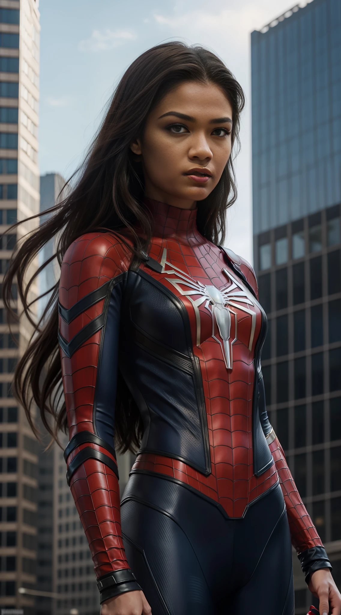 1girl, (((solo)))), Zendaya dressed in Marvel's Spider-Man uniform. Long hair. Detail eyes. Highly detailed face, mascara in the eyes, red lipstick in the mouth, facial expression of malice. Full-length portrait showing an imposing posture, towards the viewer. Head proportional to the body. It stands on the edge of a tall building overlooking the Statue of Liberty. Hyper realistic, highly detailed, cinematic, movie poster. 8K