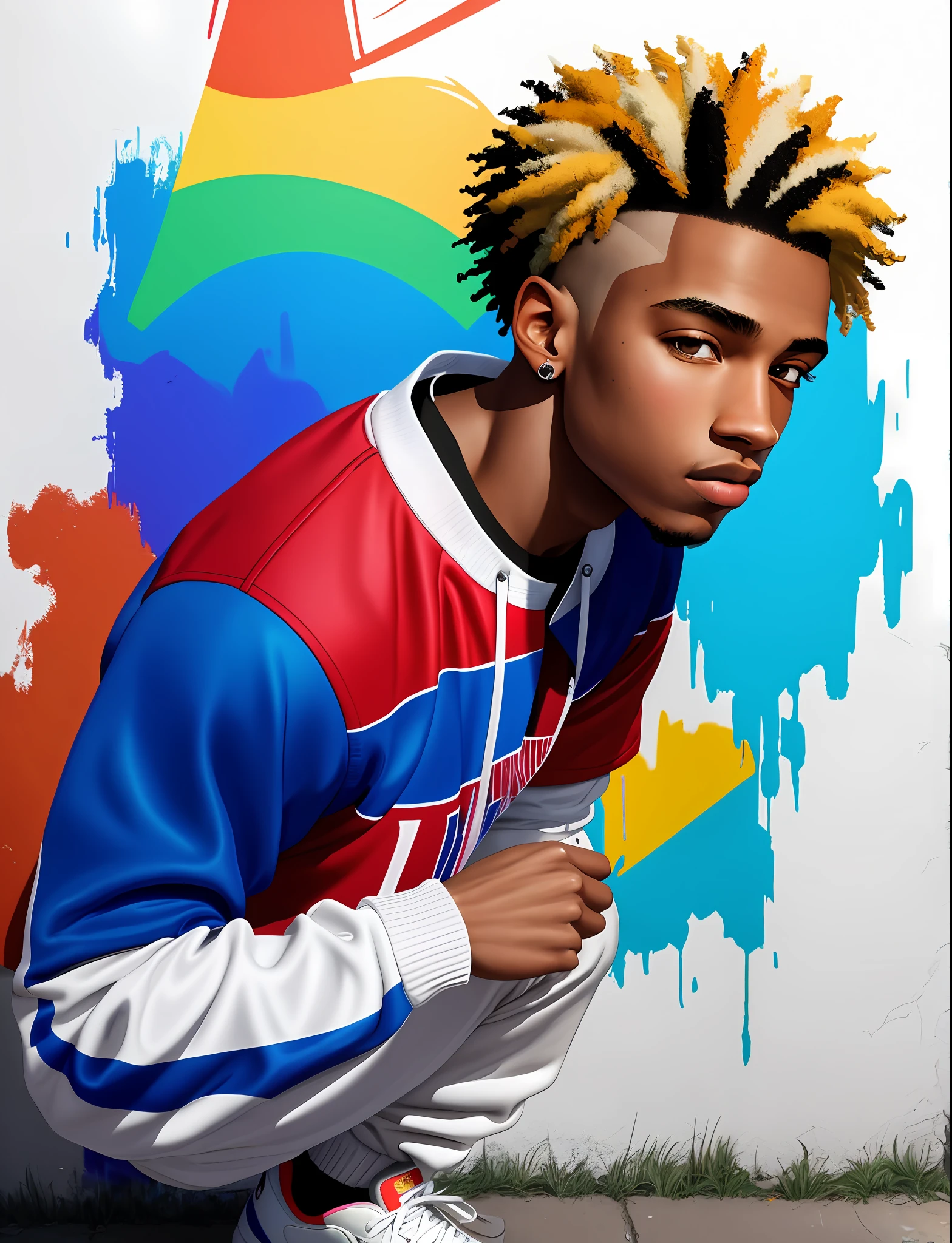 Graffiti painting, street art, 32k extremely detailed CG unit wallpaper, 32k landscape, artwork, masterpiece, best quality, amazing light brushstrokes, of a 20 year old African American athlete boy with black and platinum hair at the ends, TenisAdidas in graffiti style on a white wall with vibrant colors.