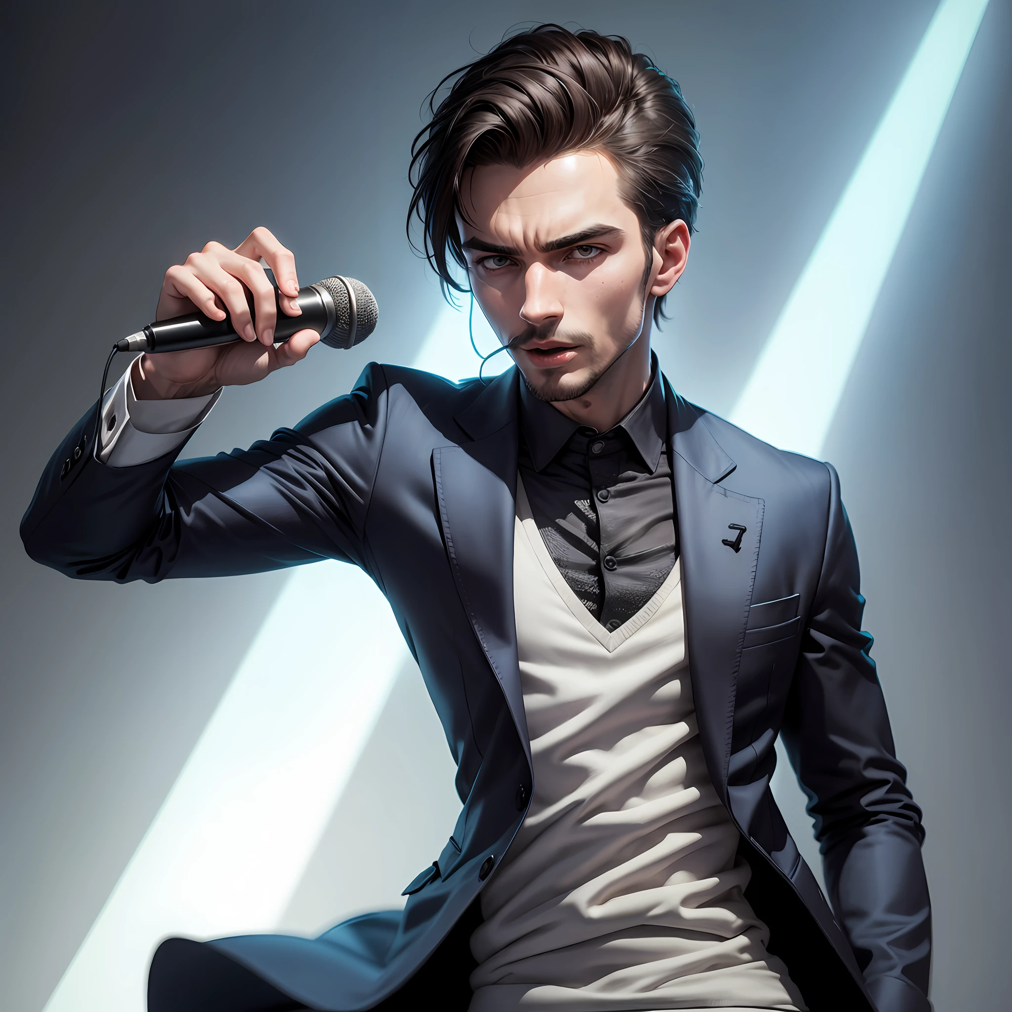 A man with a microphone head using another microphone, (better quality), (masterpiece)