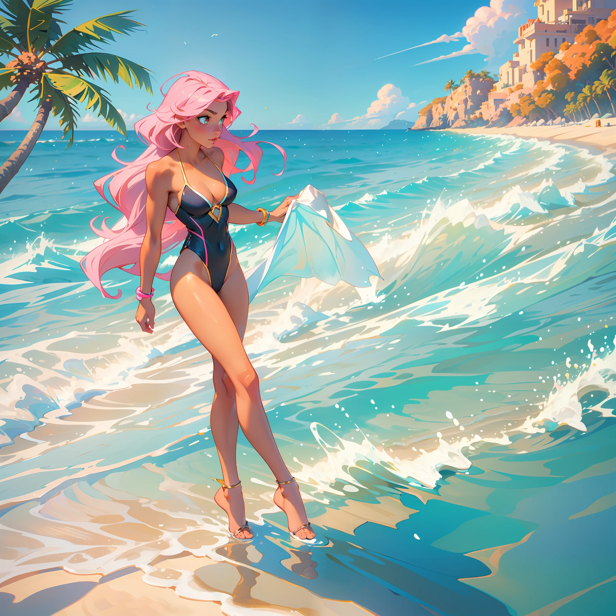 (masterpiece), stunningly beautiful, (swimsuit model), best illumination, dynamic pose, golden hour, (toned body, alluring figure), beach location, crystal-clear waters, palm trees, sand, salt spray, perfect lighting, high contrast, vibrant colors, (blue:1.3+pink:1.2+yellow:1.1), ocean breeze, 8k.