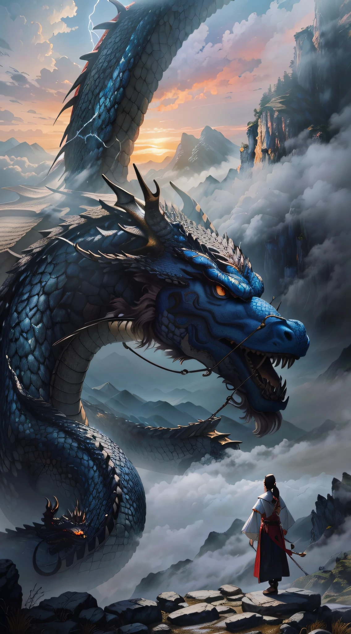 Masterpiece (RAW photo, best quality), (realistic, photo fidelity: 1.3), extremely refined and beautiful, amazing, fine detail, masterpiece, hyper-detail, high resolution, (best illustration), (best shadow), intricate,
A beautiful female Taoist priest stands on the top of a cloud-shrouded mountain, with her right hand raised obliquely, holding a sword in her hand, from behind, fighting a Chinese dragon, (dragon: 1.4), clouds, mountains, storms, sunsets, (from below: 1.4),
Clear Focus, Volumetric Fog, 8k Ultra HD, DSLR, High Quality, (Film Grain: 1.4), Fujifilm XT3,