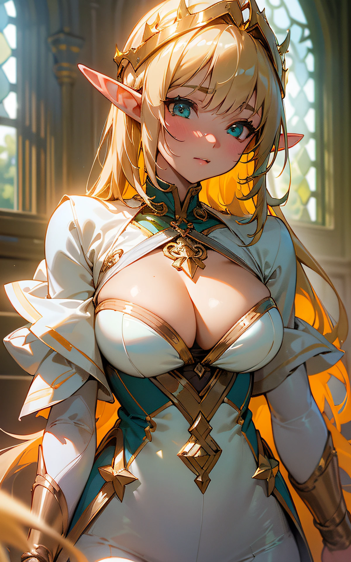 (Original Character、Unity 16K Wallpaper, Masterpiece, Best Quality, Ultra-Detailed, Extremely Detailed CG, Caustics, Cinematic Lighting, Detailed, Beautiful Detailed Eyes, solo), Ultra High Resolution, fine skin, (elf, curby), (strong light)、((brighten the subject)),cleavage,blush,cowboy shot,Mysterious,lake,elf queen:1.2、gold hair