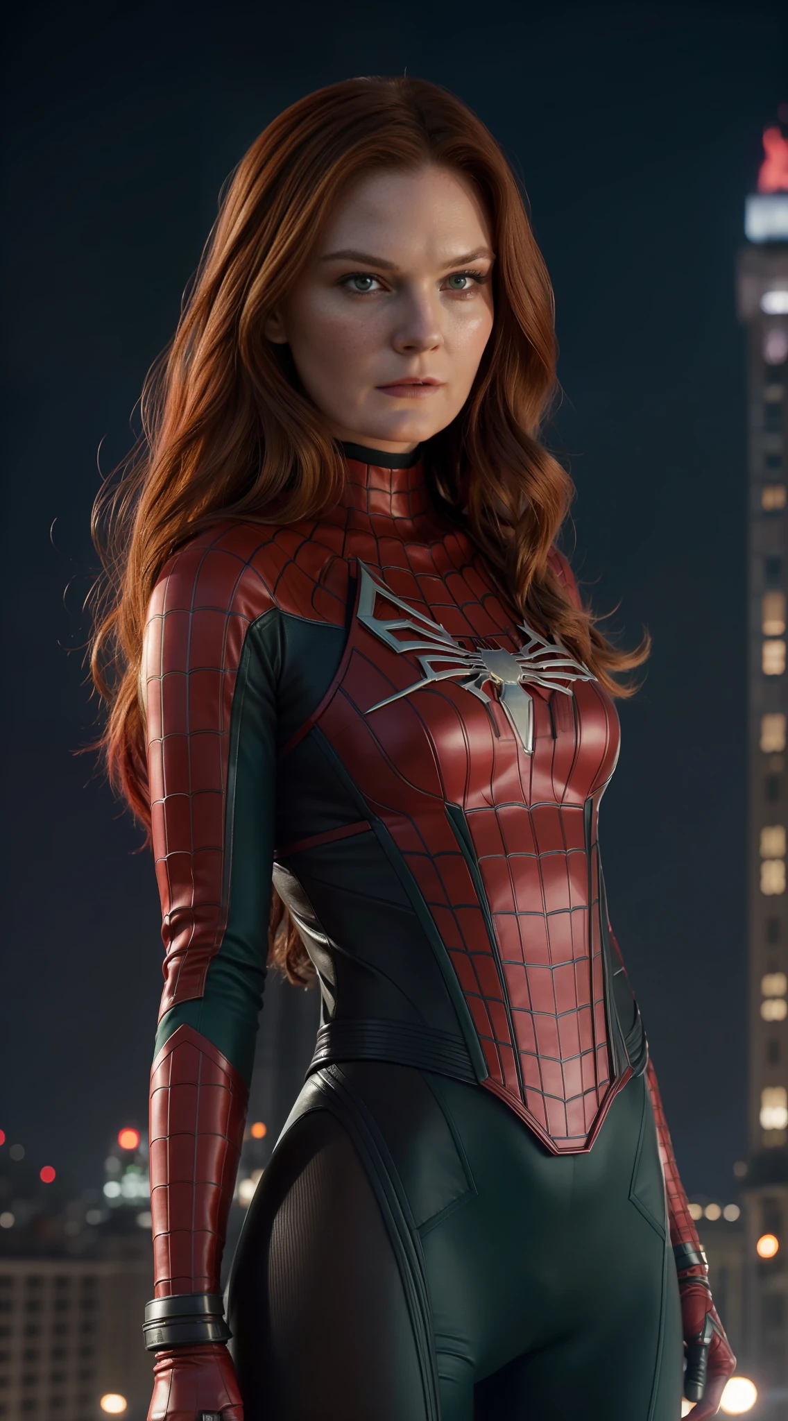 1girl, (((solo))), Kirsten Dunst dressed in Marvel's Spider-Man uniform. Long red hair. Detail green eyes. Highly detailed face, light makeup on the cheeks, mascara on the eyes, red lipstick on the mouth, facial expression of malice. Full-length portrait showing an imposing posture, towards the viewer. Head proportional to the body. It stands on the edge of a tall building overlooking the Statue of Liberty. Hyper realistic, highly detailed, cinematic, movie poster. 8K