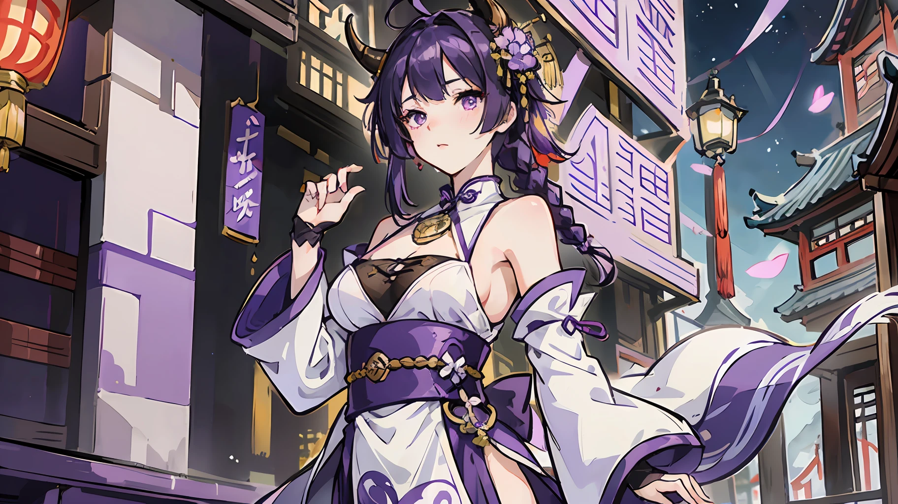 leidianjiangjun\(genshin impact\), 1girl, ahoge, architecture, braid, bare shoulder, bell, stockings, ((purple hair)), blush, breasts, chinese knot, sleeve, east asian architecture, flower knot, gloves, horn, long hair, looking at the audience, mid-chest, neckbell, night, outdoors, pantyhose, purple eyes, sideburns, solo, tassels, white sleeves, ((masterpiece) ) --auto --s2
