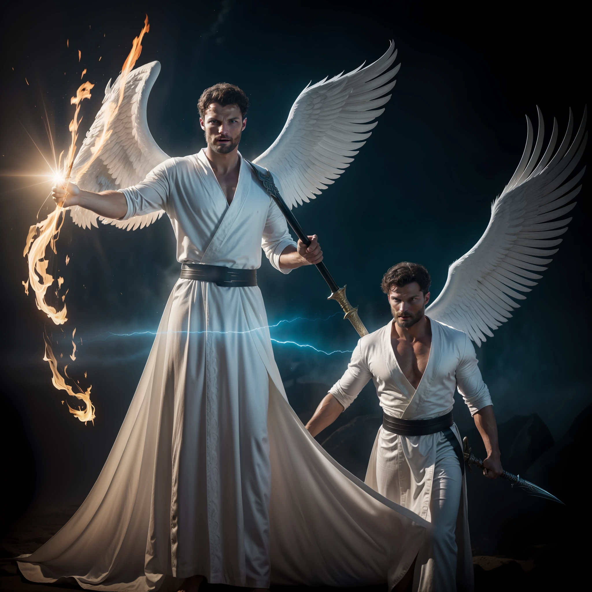 Archangel Michael and two heavenly angels fighting Lucifer in Heaven, many angels, great white wings, holding flaming sword, white robe, around heavenly flames, Jamie Dornan Archangel Michael, Tom Ellis Lucifer, battle in the heavens, wearing short black beard, focus on the details of the face, coming out happy rays, serious and attractive man, wearing white robe, magical and real effect, film cover, with magical light explosions, powerful celestial warrior, similar to actor Jamie Dornan, dark black image background, (8k, RAW photo, best quality, masterpiece: 1.2), (realistic, photorealistic: 1.37), professional lighting.