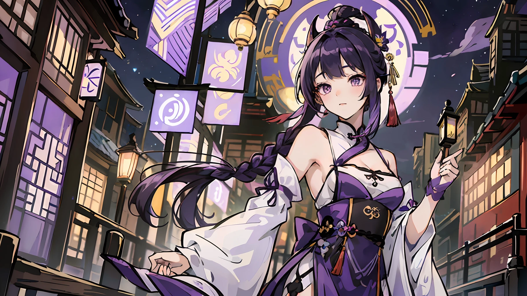 leidianjiangjun\(genshin impact\), 1girl, ahoge, architecture, braid, bare shoulder, bell, stockings, ((purple hair)), blush, breasts, chinese knot, sleeve, east asian architecture, flower knot, gloves, horn, long hair, looking at the audience, mid-chest, neckbell, night, outdoors, pantyhose, purple eyes, sideburns, solo, tassels, white sleeves, ((masterpiece) ) --auto --s2