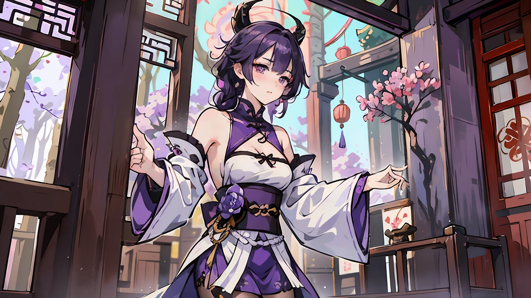 leidianjiangjun\(genshin impact\), 1girl, ahoge, architecture, braid, bare shoulder, bell, stockings, ((purple hair)), blush, breasts, chinese knot, sleeve, east asian architecture, flower knot, gloves, horn, long hair, looking at the audience, mid-chest, neckbell, night, outdoors, pantyhose, purple eyes, sideburns, solo, tassels, white sleeves, ((masterpiece) ) --auto --s2