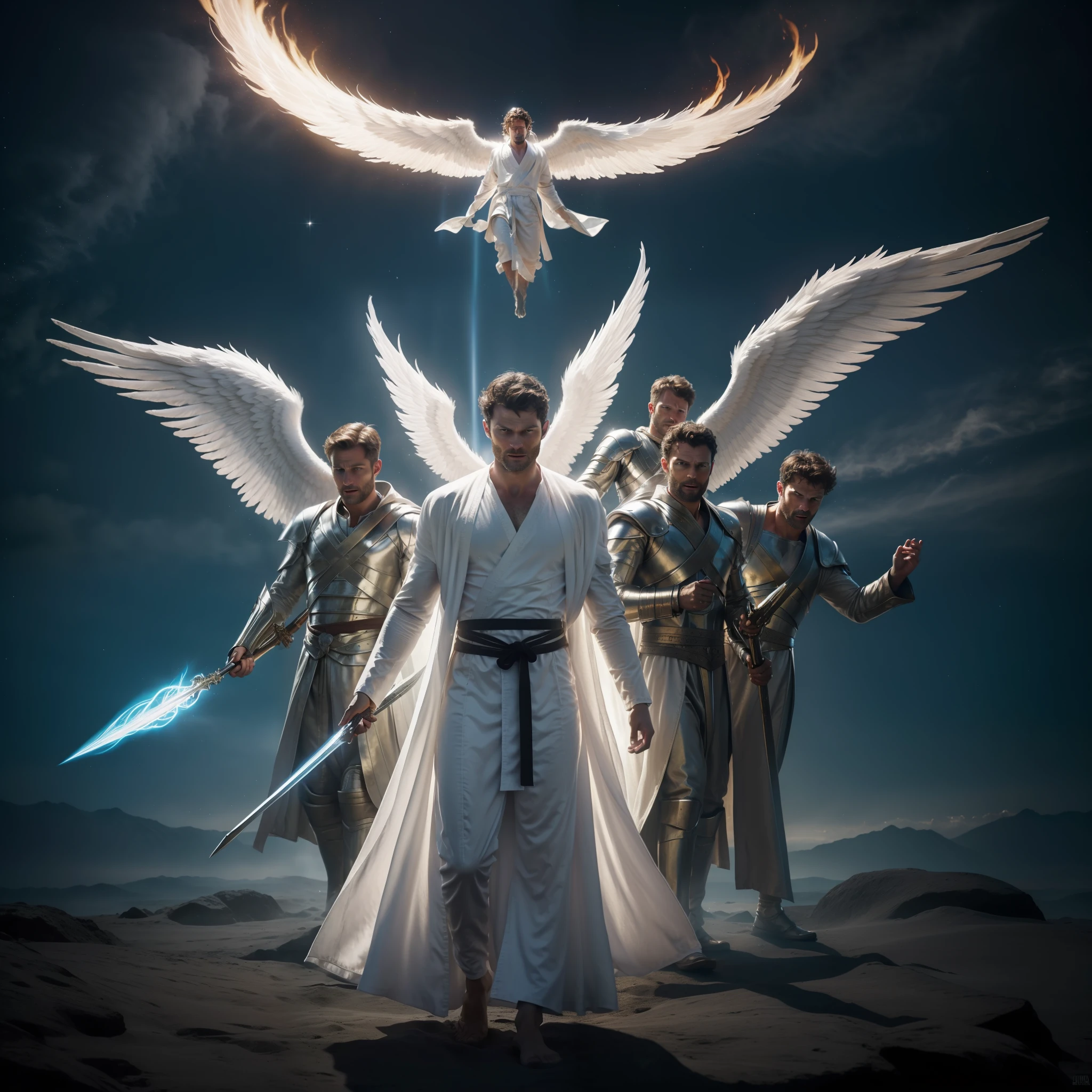 Archangel Michael and two heavenly angels fighting Lucifer in Heaven, many angels, great white wings, holding flaming sword, white robe, around heavenly flames, Jamie Dornan Archangel Michael, Tom Ellis Lucifer, battle in the heavens, wearing short black beard, focus on the details of the face, coming out happy rays, serious and attractive man, wearing white robe, magical and real effect,  film cover, with magical light explosions, powerful celestial warrior, similar to actor Jamie Dornan, sky image background of outer space above planet earth, (8k, RAW photo, best quality, masterpiece: 1.2), (realistic, photorealistic: 1.37), professional lighting.