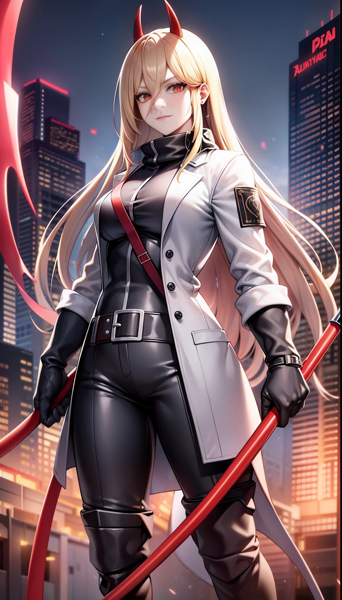 Pava, yellow hair, scythe in hand, red scythe in hand, red eyes (detailed depiction), evil smile, white shirt, black coat, trousers, (Shibuya: 1.4), (night light: 1.4), (thick body: 1.4), (long blonde hair: 1.4), HDR (high dynamic range), ray tracing, NVIDIA RTX, super resolution, Unreal 5, subsurface scattering, PBR textures, post processing, anisotropic filtering, depth of field ,maximum sharpness and sharpness, multi-layer textures, Albedo and specular mapping, surface shading, accurate simulation of light-material interactions, octane rendering, duotone lighting, low ISO, white balance, rule of thirds, large aperture, 8K RAW, (luminous particles: 1.4), {{masterpiece, best quality, extremely detailed CG, Unity 8k wallpaper, 3D, cinematic lighting, lens flares}},