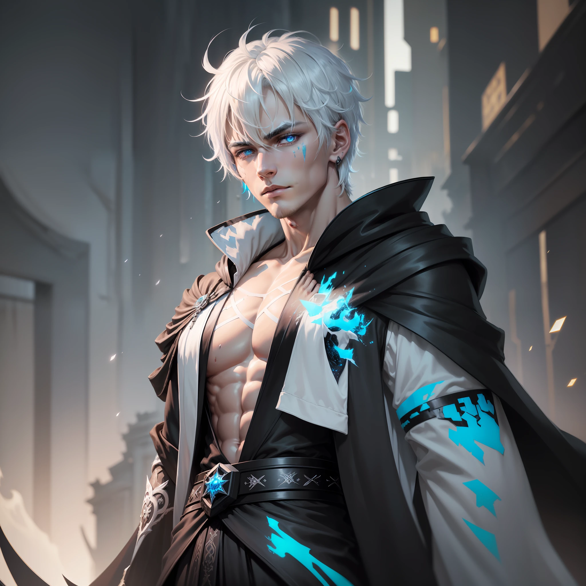 Cyberpunk male, fantasy world, dark background, clean design, epic instagram, artstation, colorful paint splatter, silhouette, hyper detailed intricate details, unreal engine, fantasy, intricate details, splash screen, complementary colors, Fantasy concept art, 8k resolution, deviantart masterpiece, oil painting, heavy strokes, paint dripping, (isolated on white background: 1.3), rainbow skin, (((handsome young man))), ((teenage:1.5) ), (glowing blue eyes), ((light eyes)), ((((short white hair: 1.1))), ((black clothes)), (prince\\(indifferent expression\\),, ( ((Wears high detail luxurious black robe))), white hair, frost magic, ((chest) --v 6
