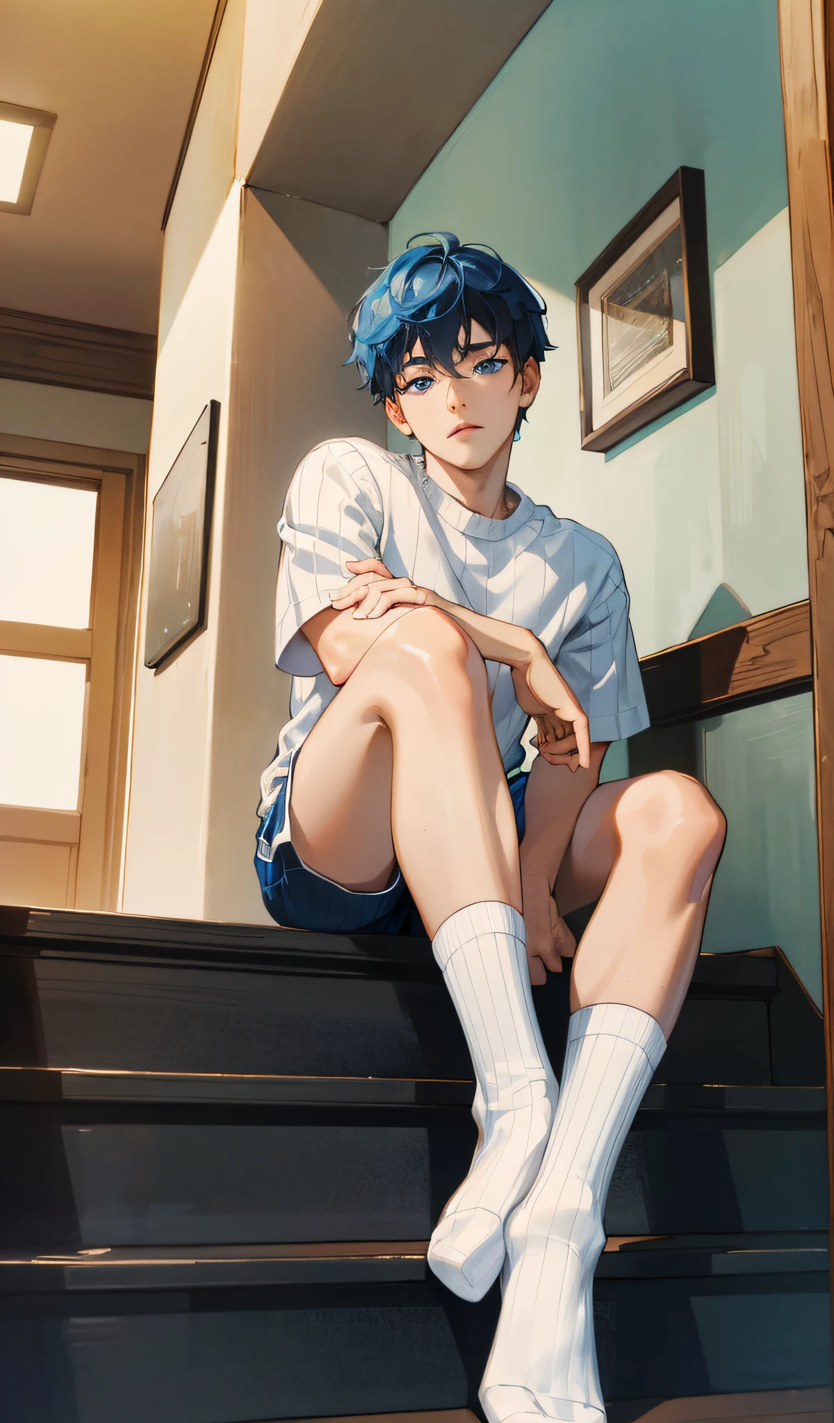 (absurdres, highres, ultra detailed),((masterpiece)), ((best quality:1.1)), High Resolution, 8k,1boy, (crotch bulge:1.1), shaded face, (white crew socks:1.1), (white ribbed socks:1.2), no-show socks, invisible socks, toes under socks, shorts,seamless socks, (puffy, (from below:1.1),
blue eyes, looking at viewer, short hair, facial, hand on knee, athlete,
seat on school staircase steps,anime style, indoors, look
