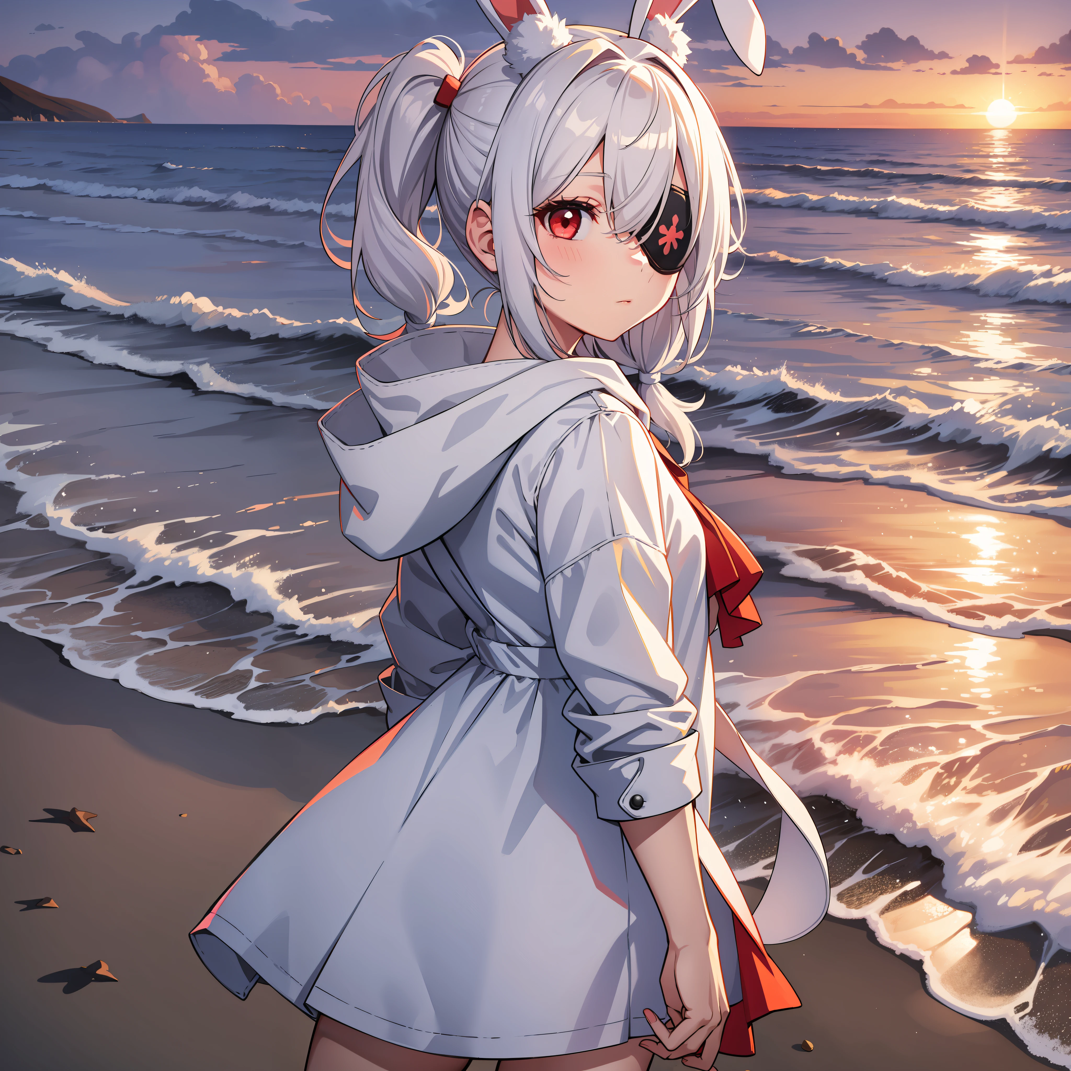 One girl, wearing one white eyepatch, holding a stuffed bunny, short white hair in two pigtails l, With a Hood, bunny ear accessories, Wearing a white short dress, red eyes, Staring at the beach with sunset